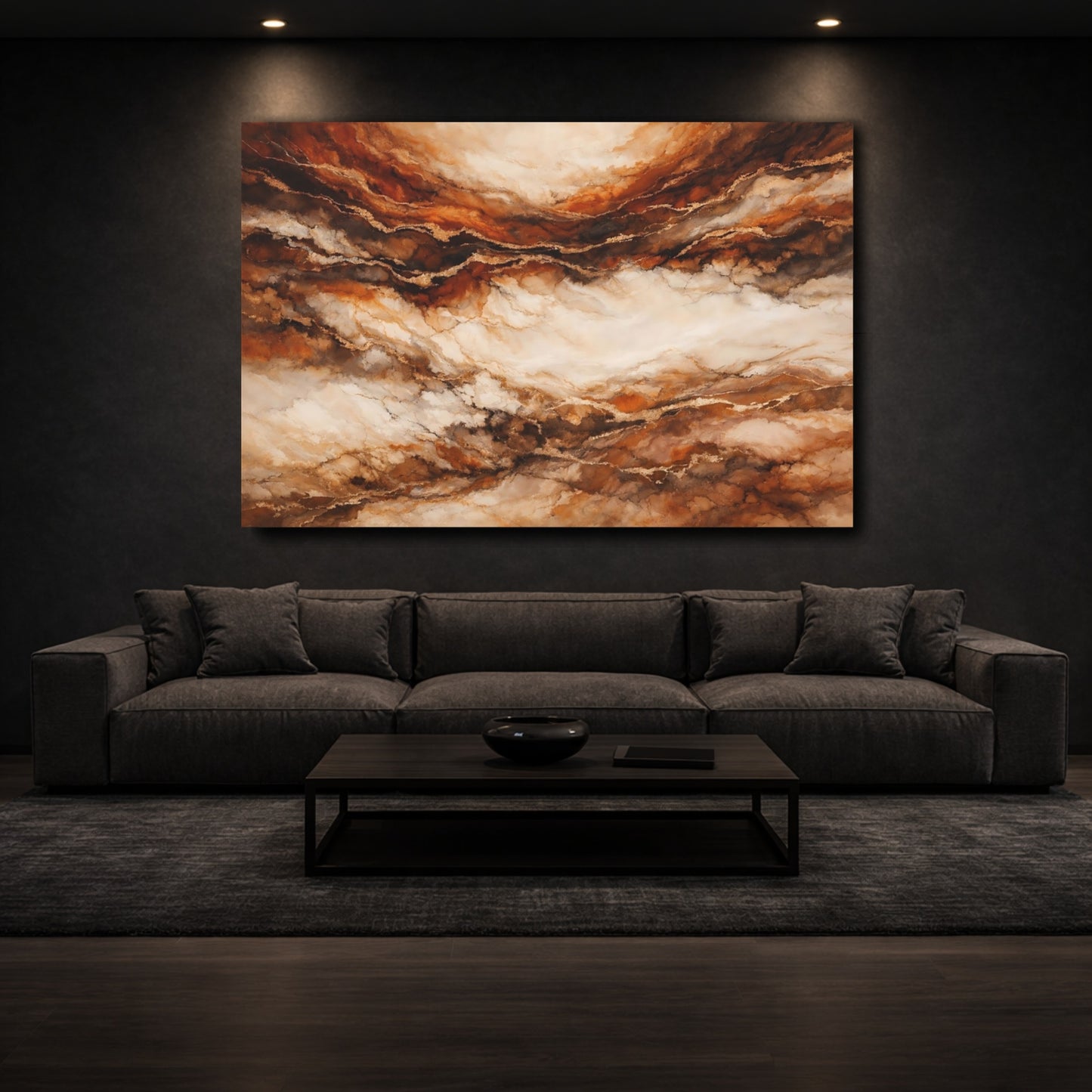 Mockup 2. Abstract Marble Texture Brown Gold Abstract shown as stretched canvas wall art