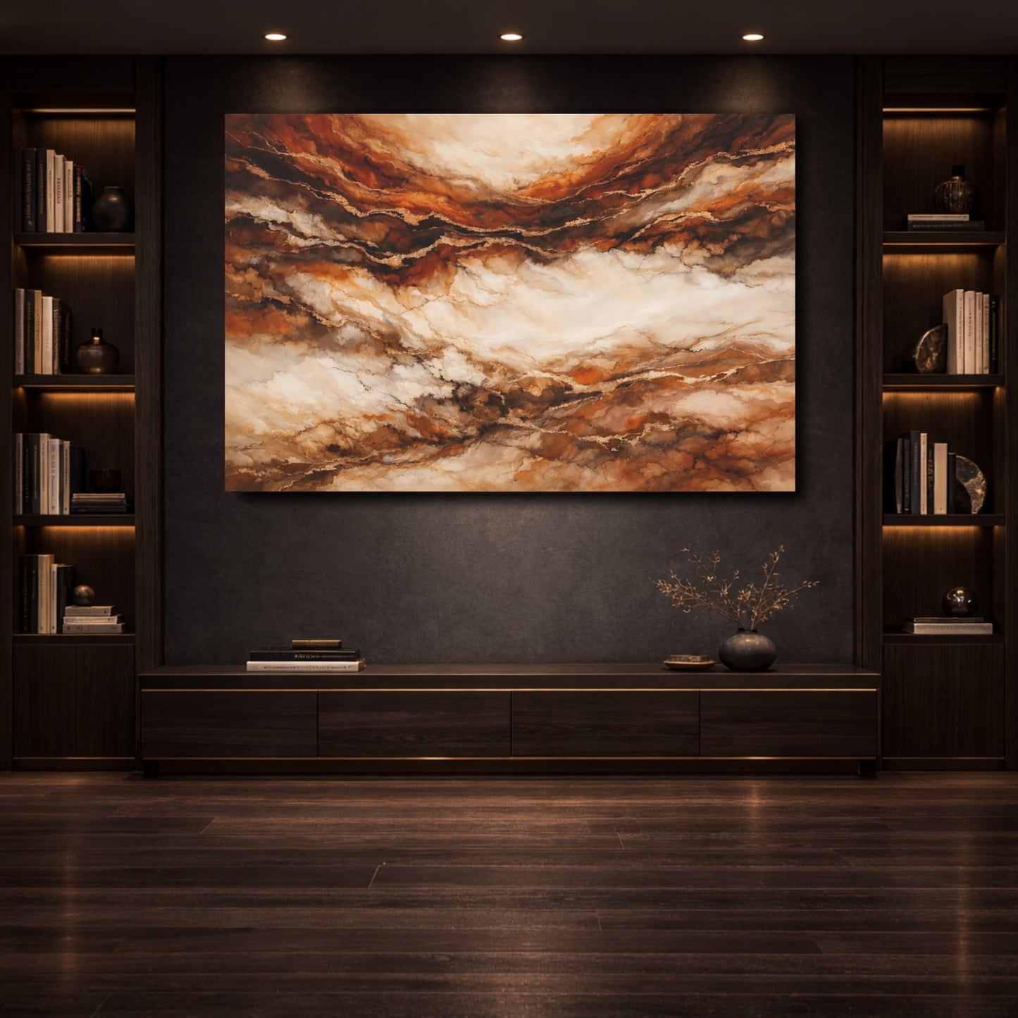 Mockup 3. Abstract Marble Texture Brown Gold Abstract shown as stretched canvas wall art