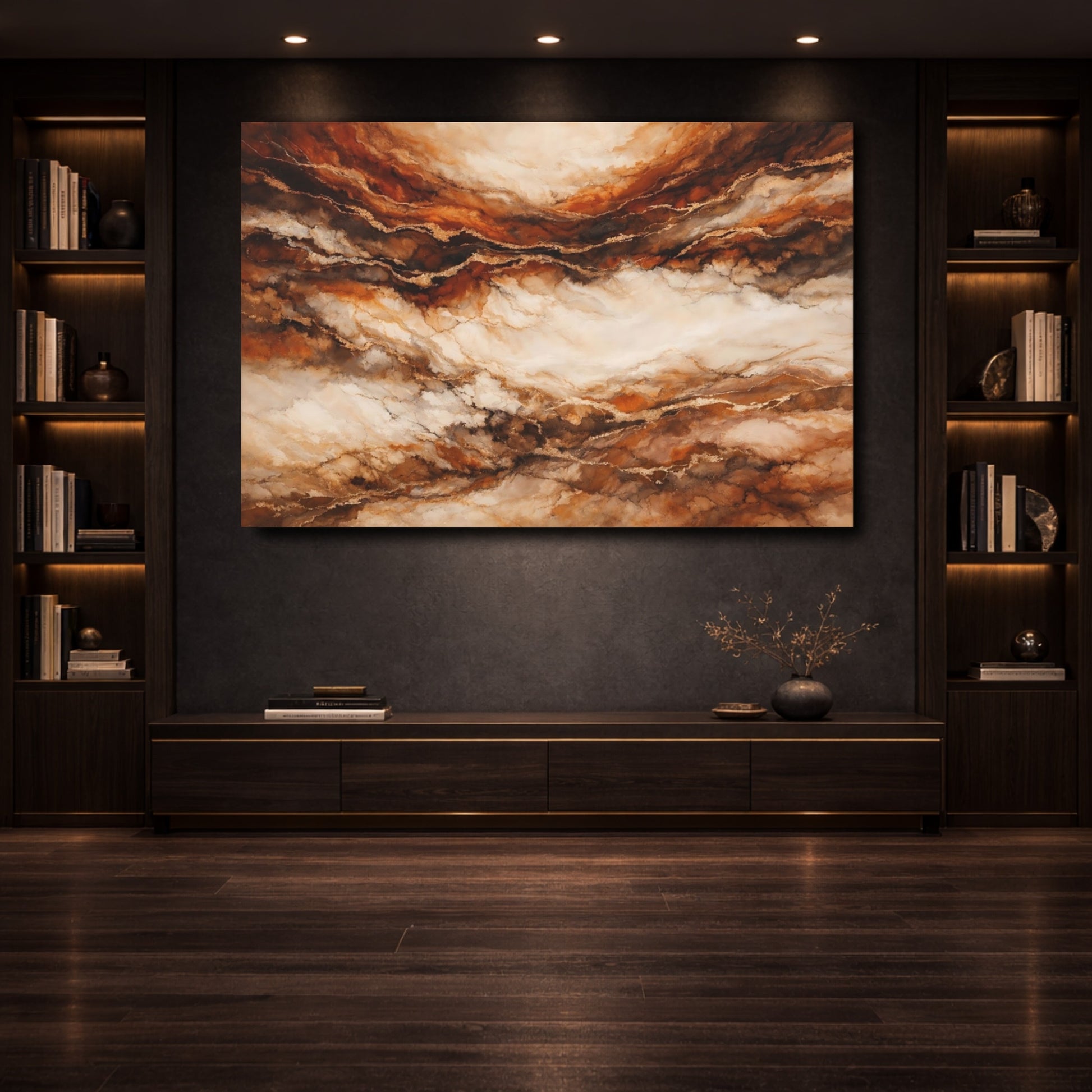Mockup 3. Abstract Marble Texture Brown Gold Abstract shown as stretched canvas wall art
