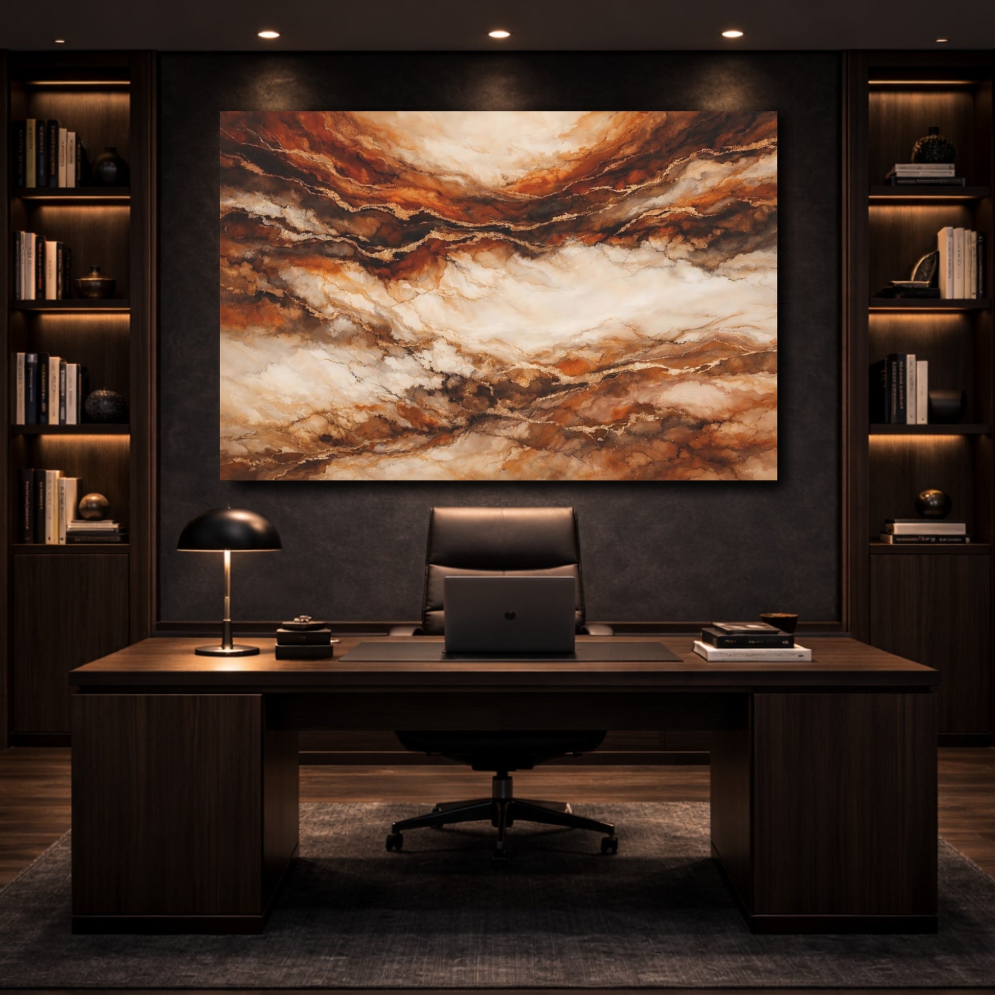 Mockup 4. Abstract Marble Texture Brown Gold Abstract shown as stretched canvas wall art