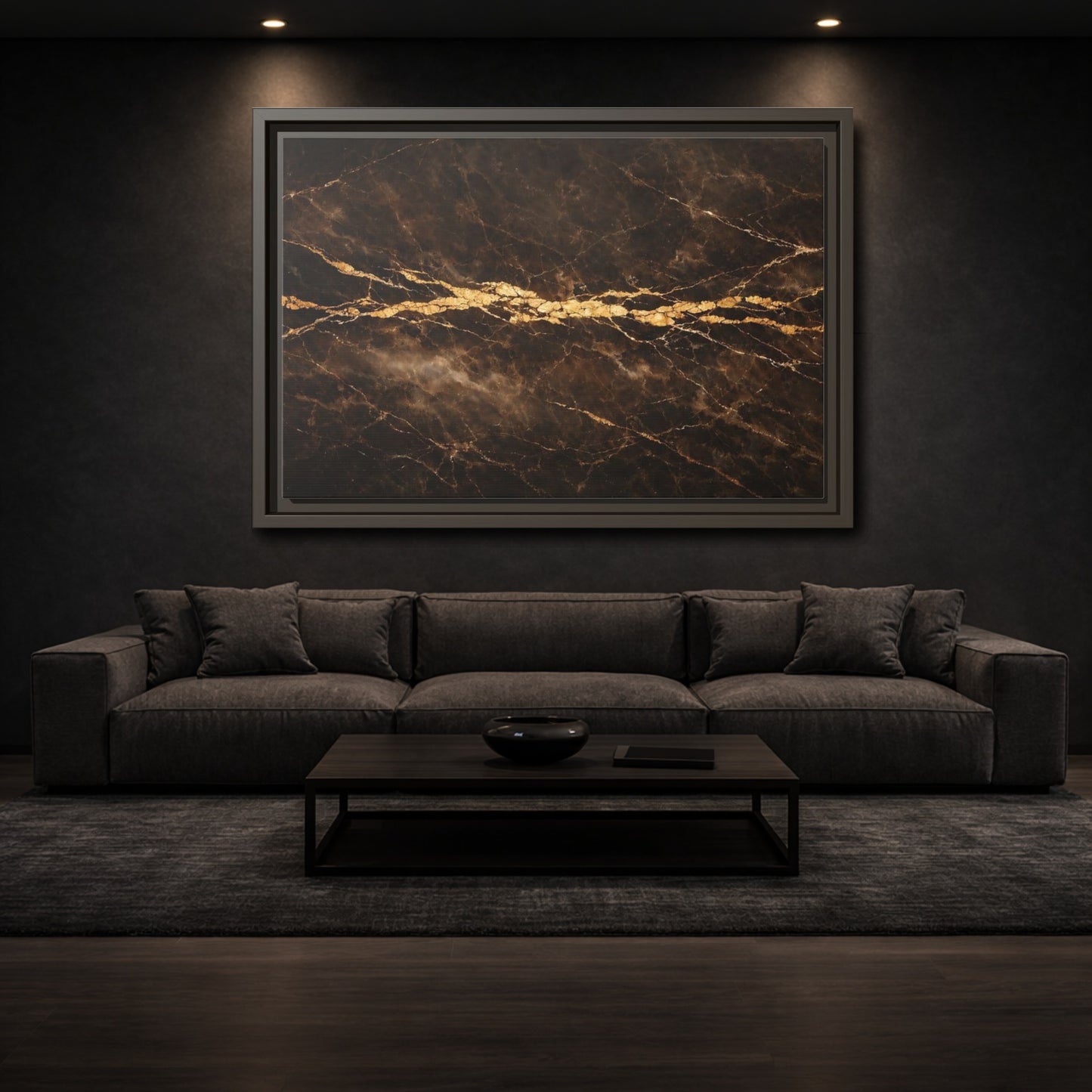 Mockup 2. Abstract Marble Texture Brown Gold Marble shown as stretched canvas wall art