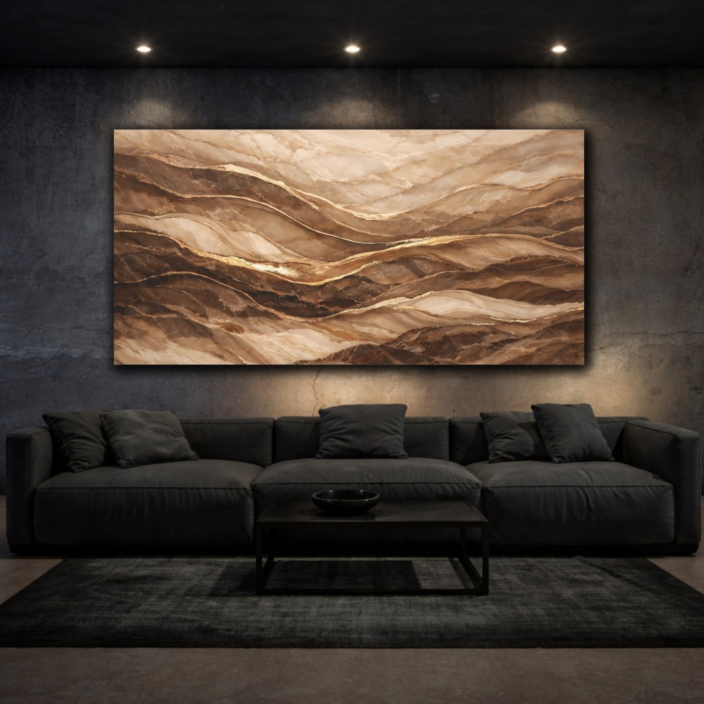 Mockup 2. Abstract Marble Texture Brown Gold Marble shown as stretched canvas wall art