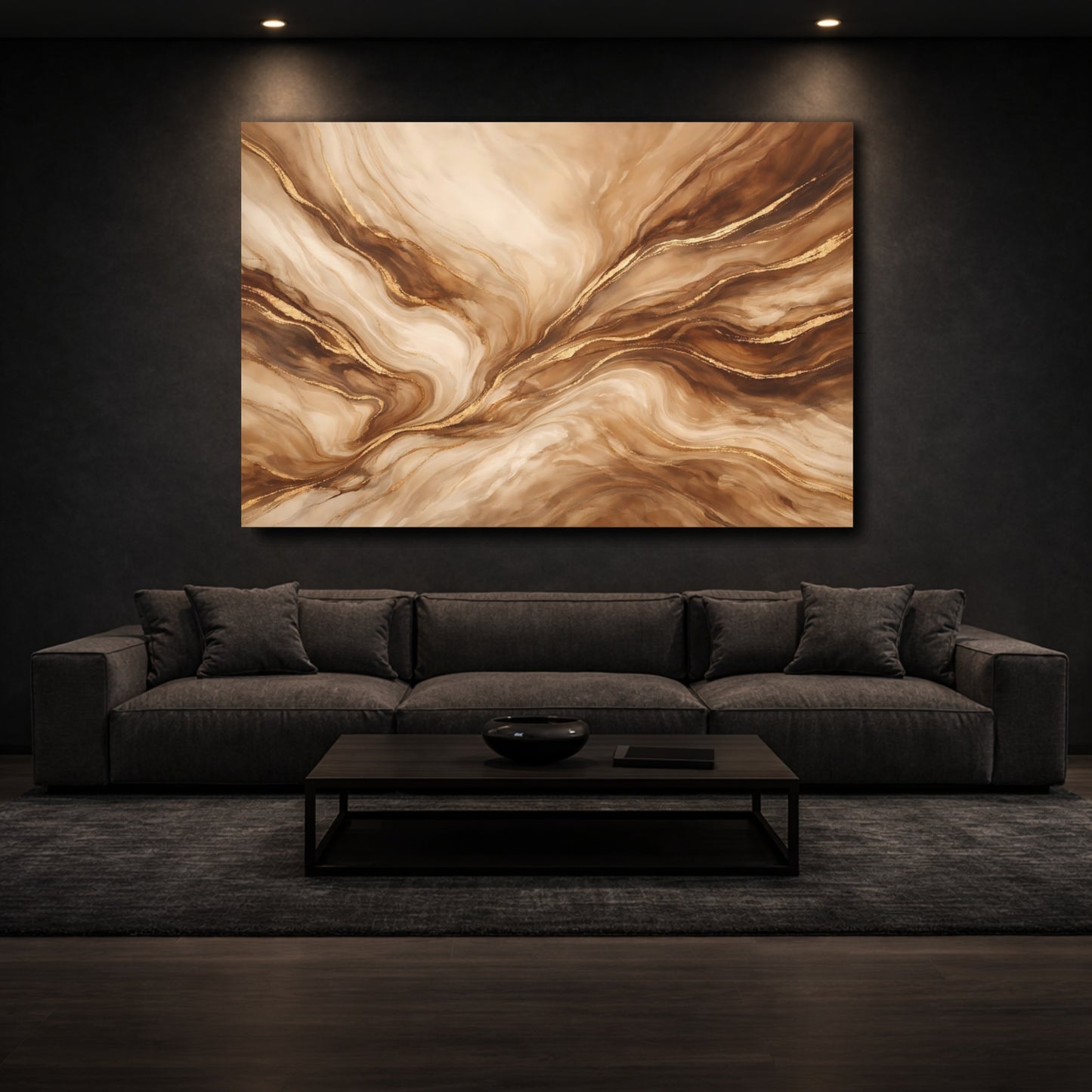 Mockup 2. Abstract Marble Texture Brown Gold Marble shown as stretched canvas wall art