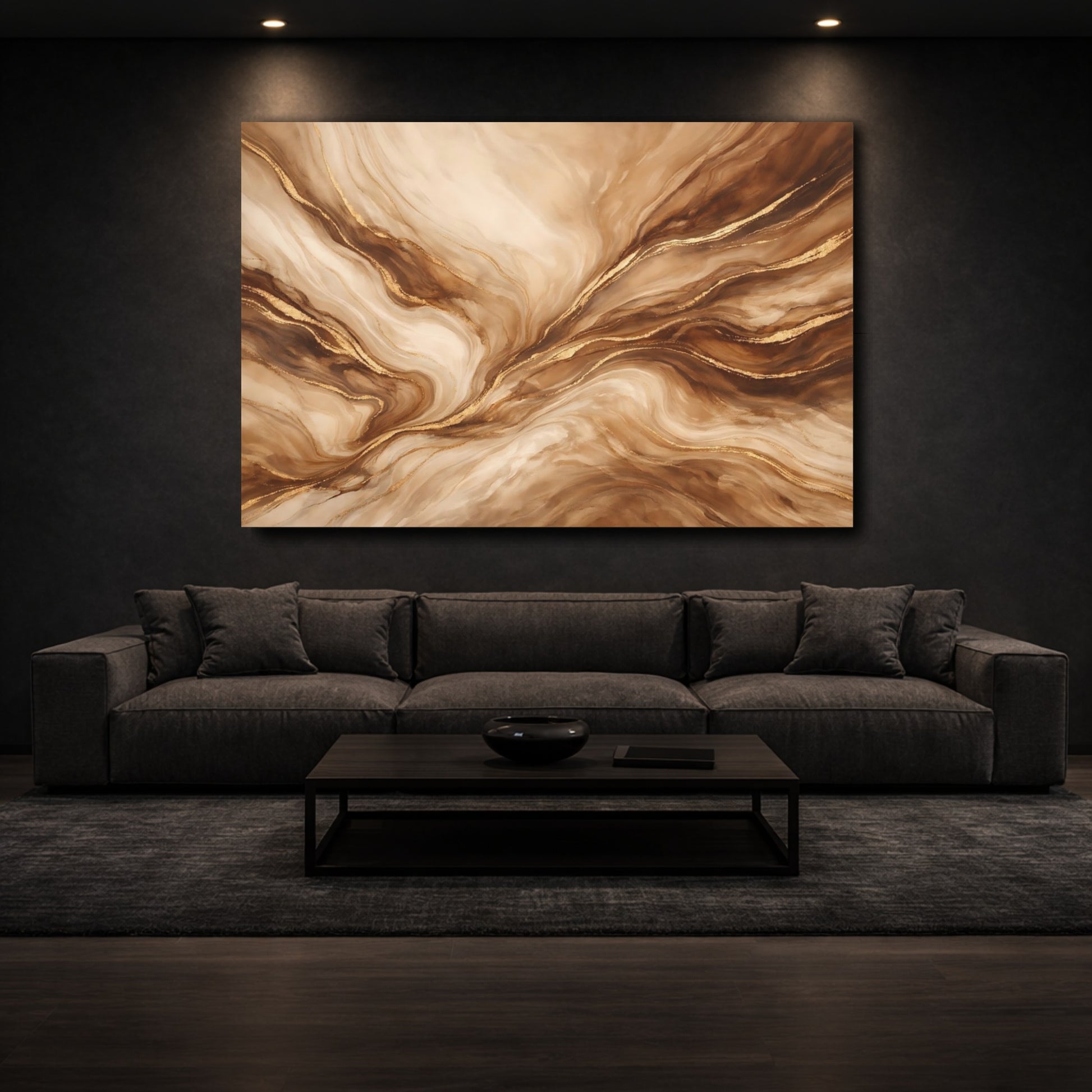 Mockup 2. Abstract Marble Texture Brown Gold Marble shown as stretched canvas wall art