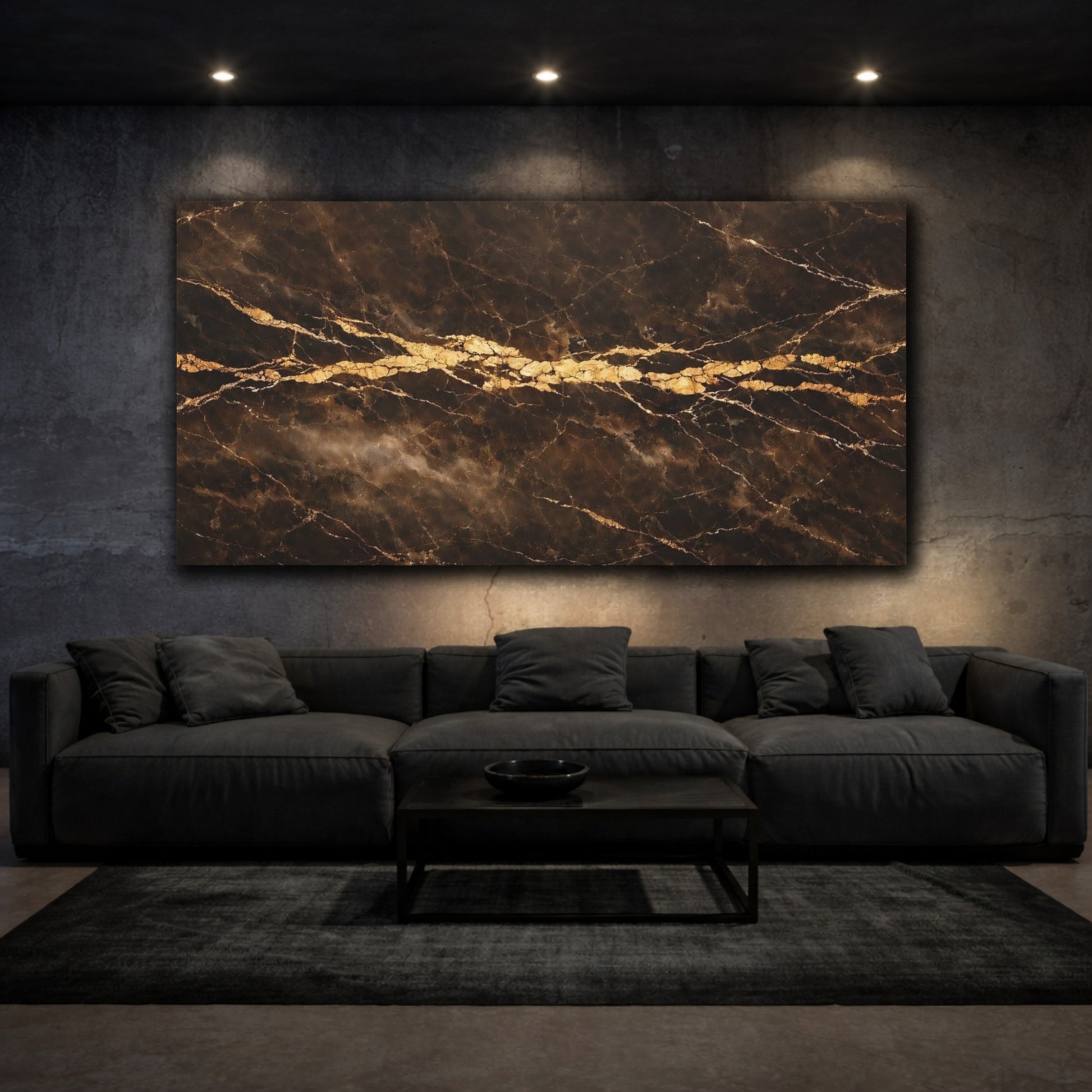 Mockup 2. Abstract Marble Texture Brown Gold Marble shown as stretched canvas wall art