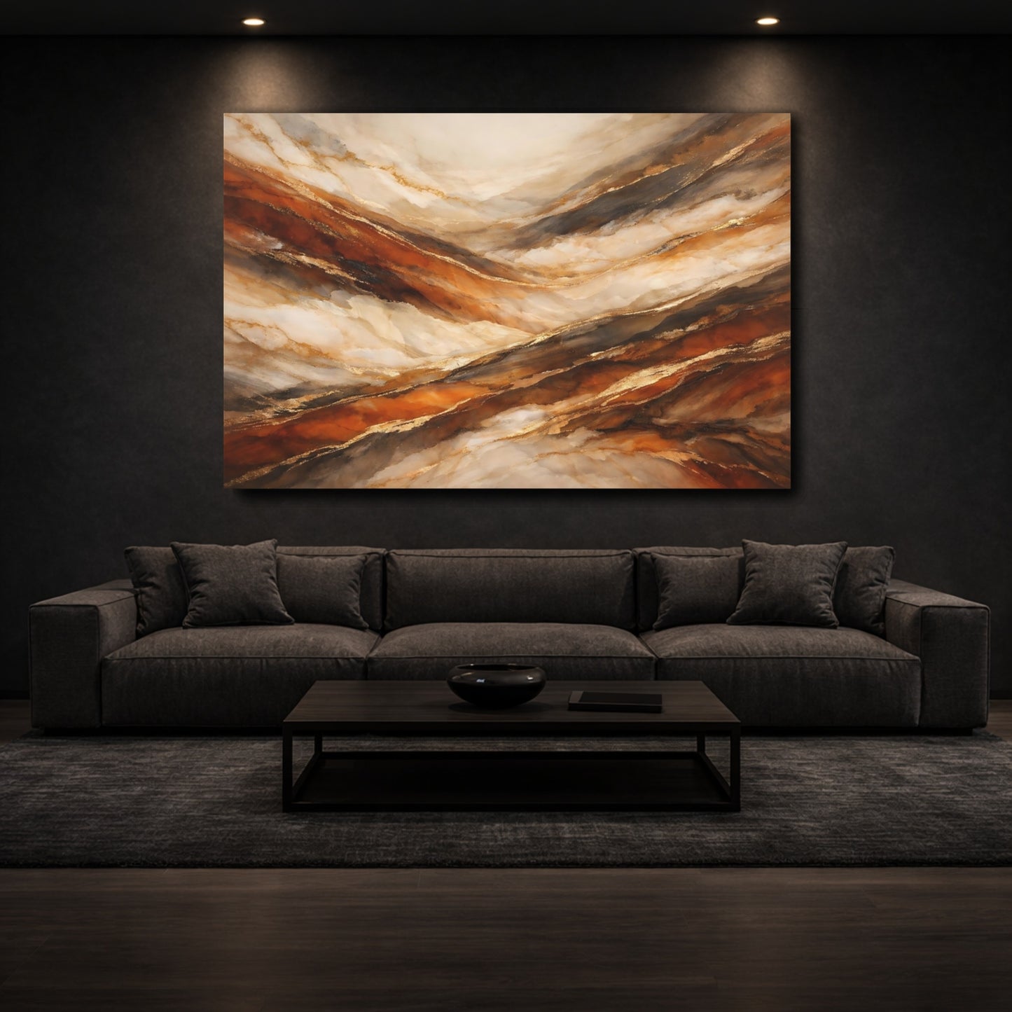 Mockup 2. Abstract Marble Texture Brown Gold Marble shown as stretched canvas wall art