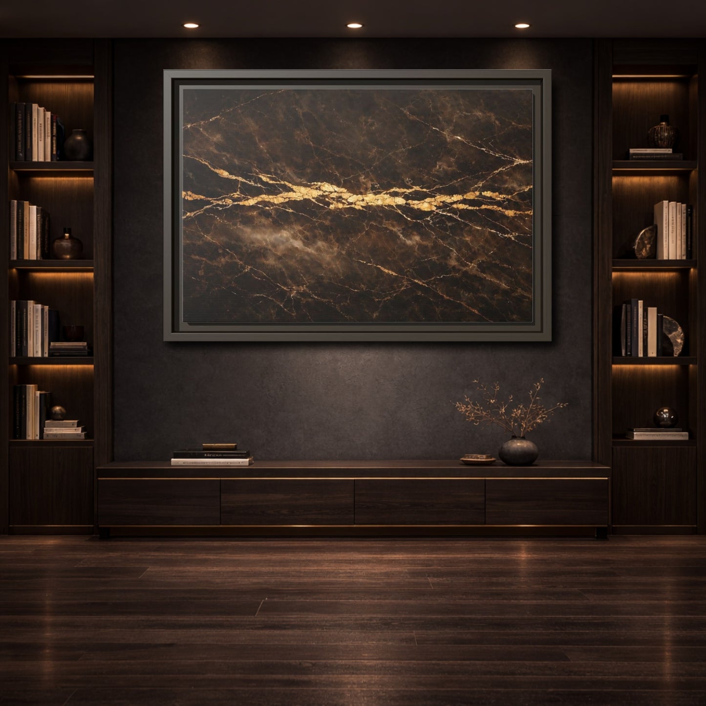 Mockup 3. Abstract Marble Texture Brown Gold Marble shown as stretched canvas wall art