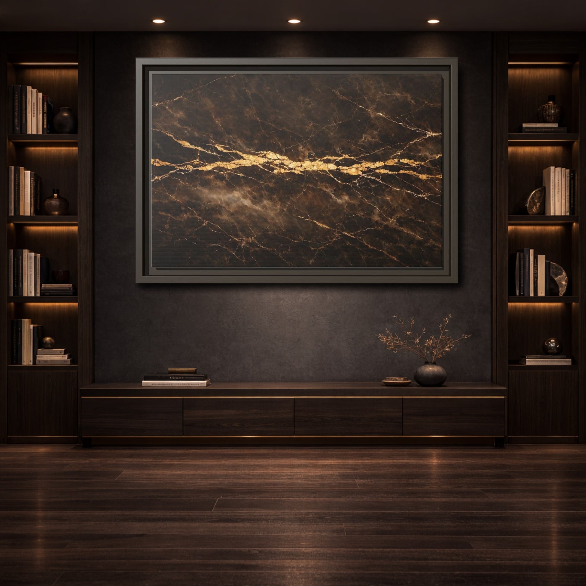 Mockup 3. Abstract Marble Texture Brown Gold Marble shown as stretched canvas wall art