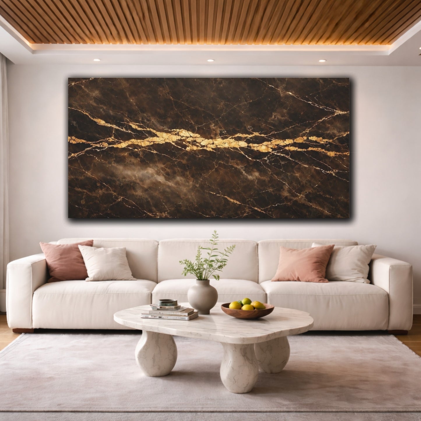 Mockup 3. Abstract Marble Texture Brown Gold Marble shown as stretched canvas wall art