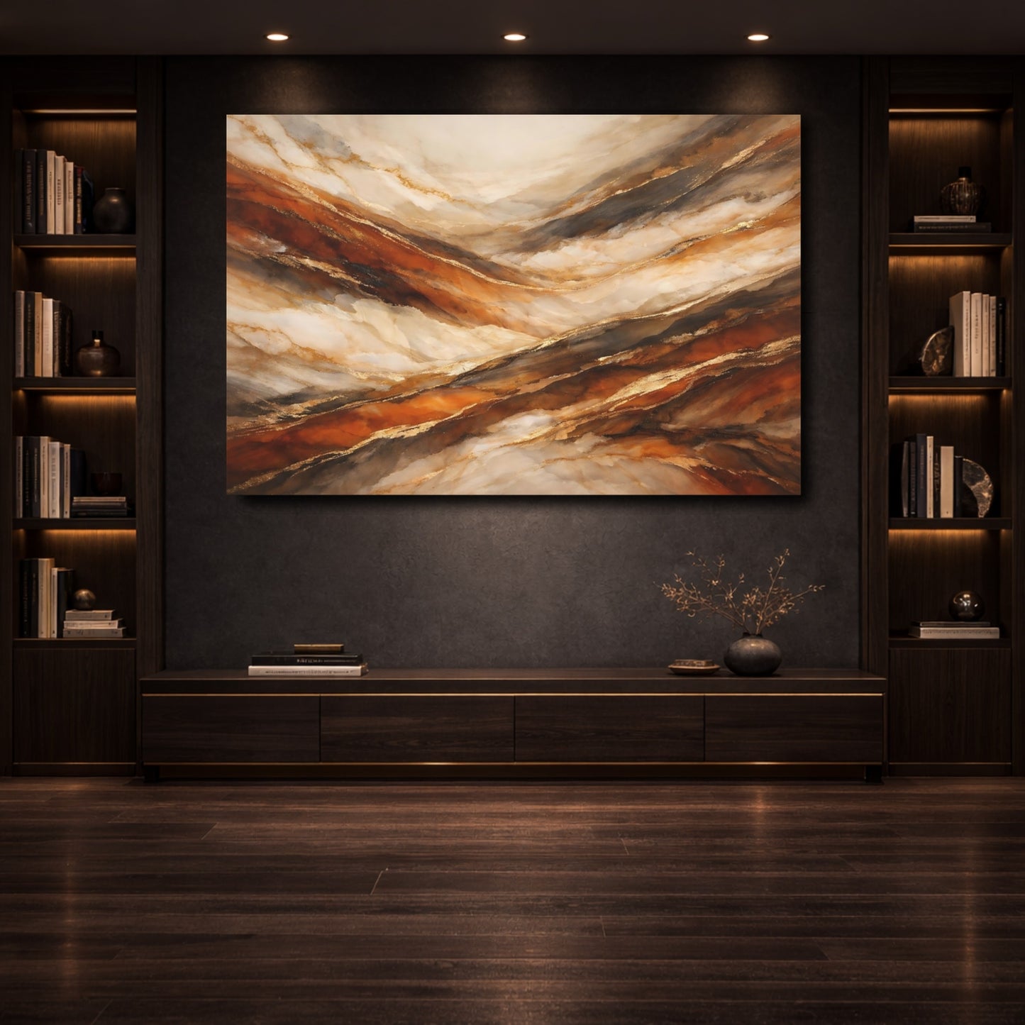 Mockup 3. Abstract Marble Texture Brown Gold Marble shown as stretched canvas wall art