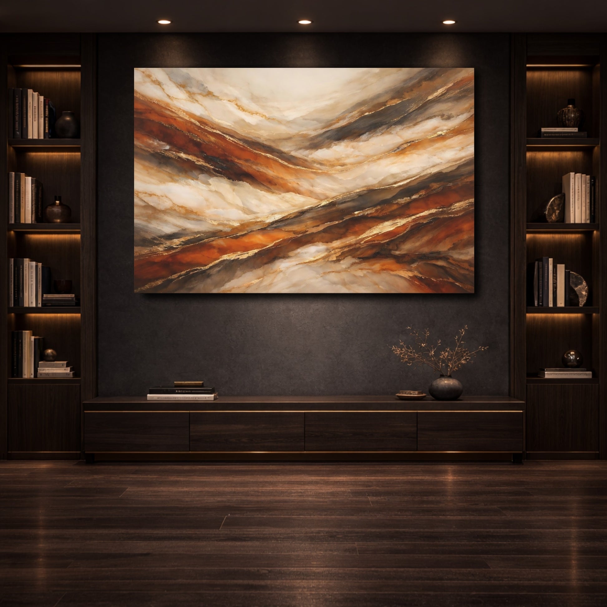 Mockup 3. Abstract Marble Texture Brown Gold Marble shown as stretched canvas wall art