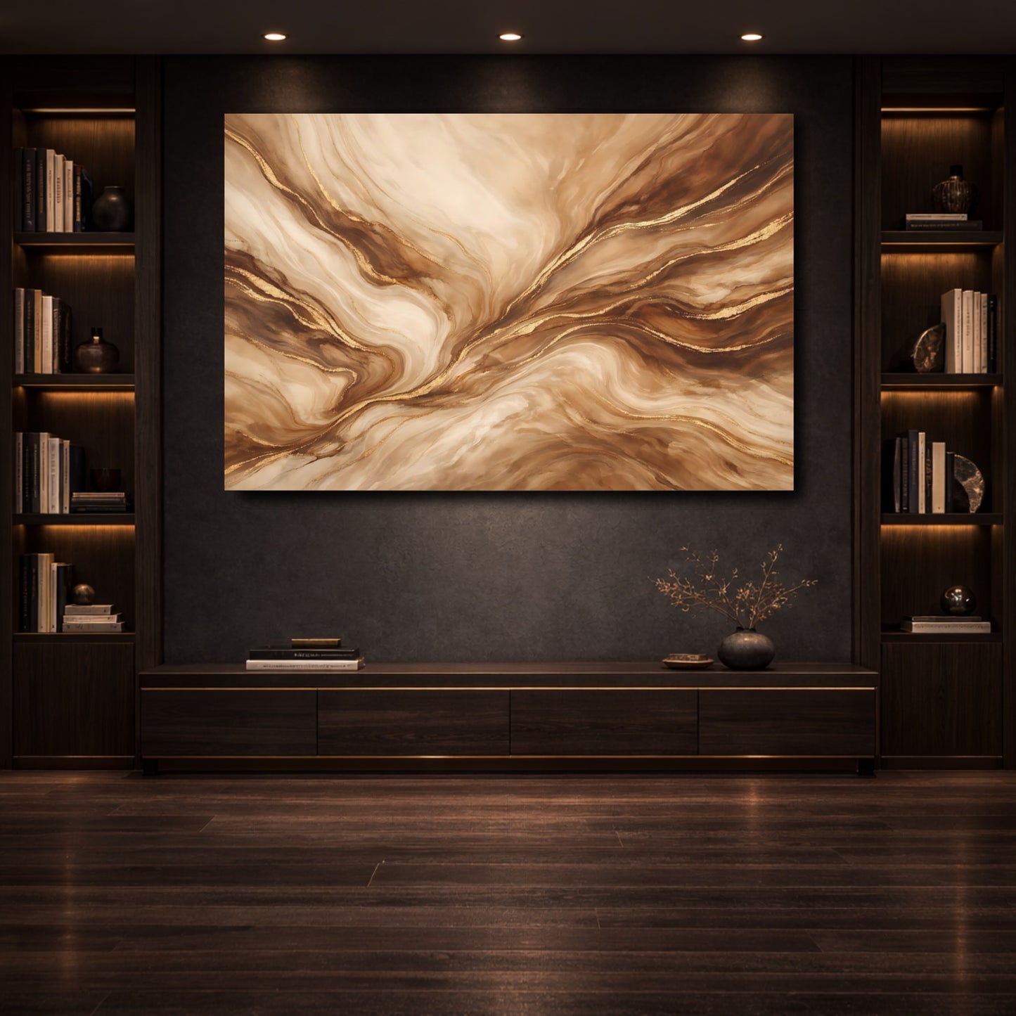 Mockup 3. Abstract Marble Texture Brown Gold Marble shown as stretched canvas wall art