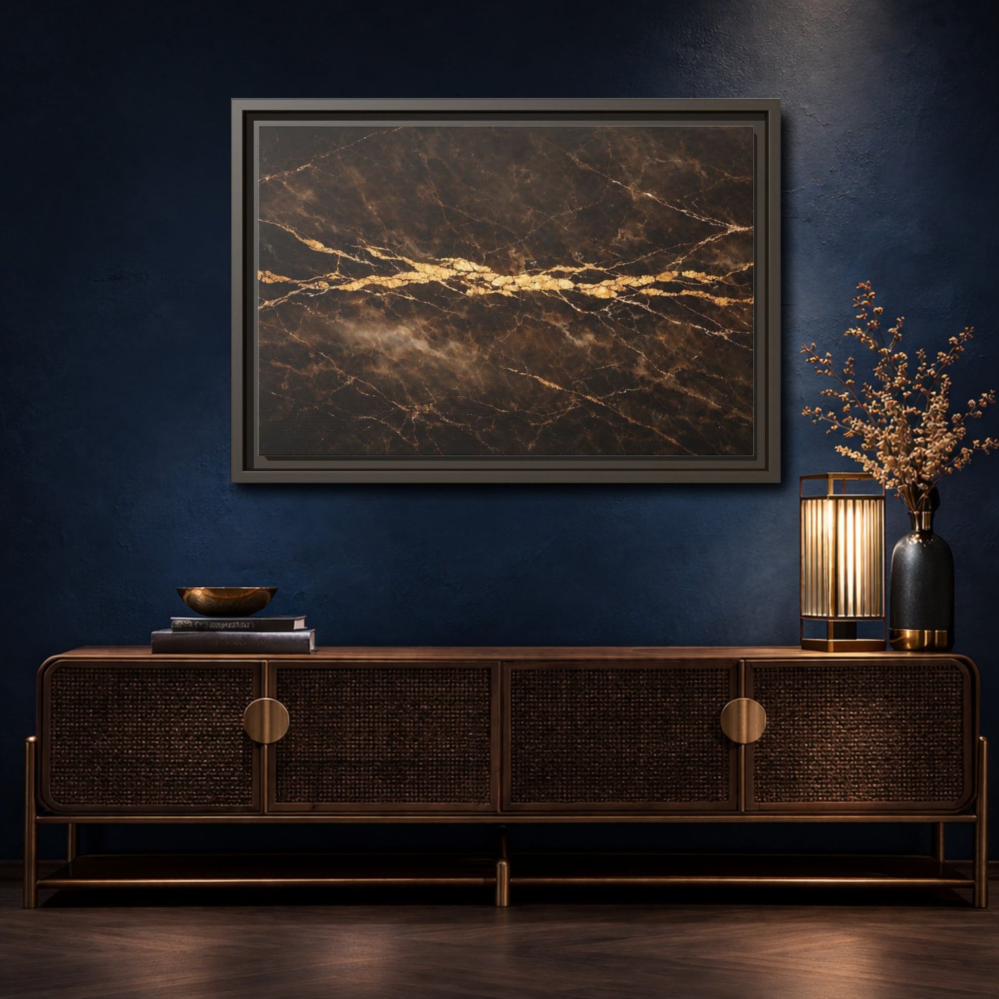 Mockup 4. Abstract Marble Texture Brown Gold Marble shown as stretched canvas wall art