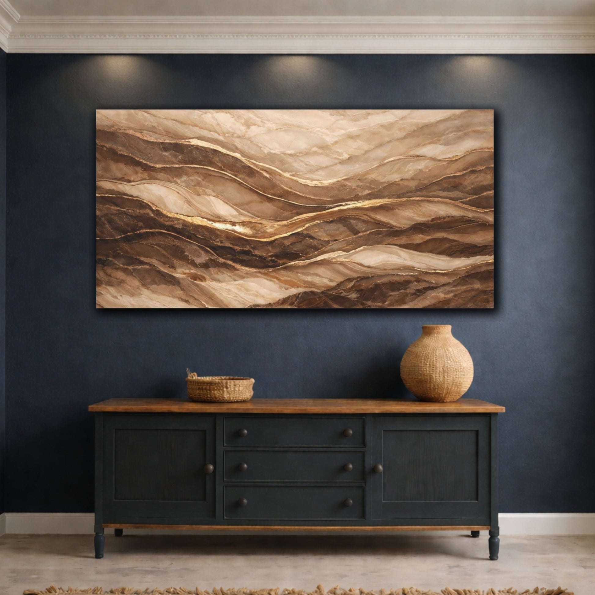 Mockup 4. Abstract Marble Texture Brown Gold Marble shown as stretched canvas wall art