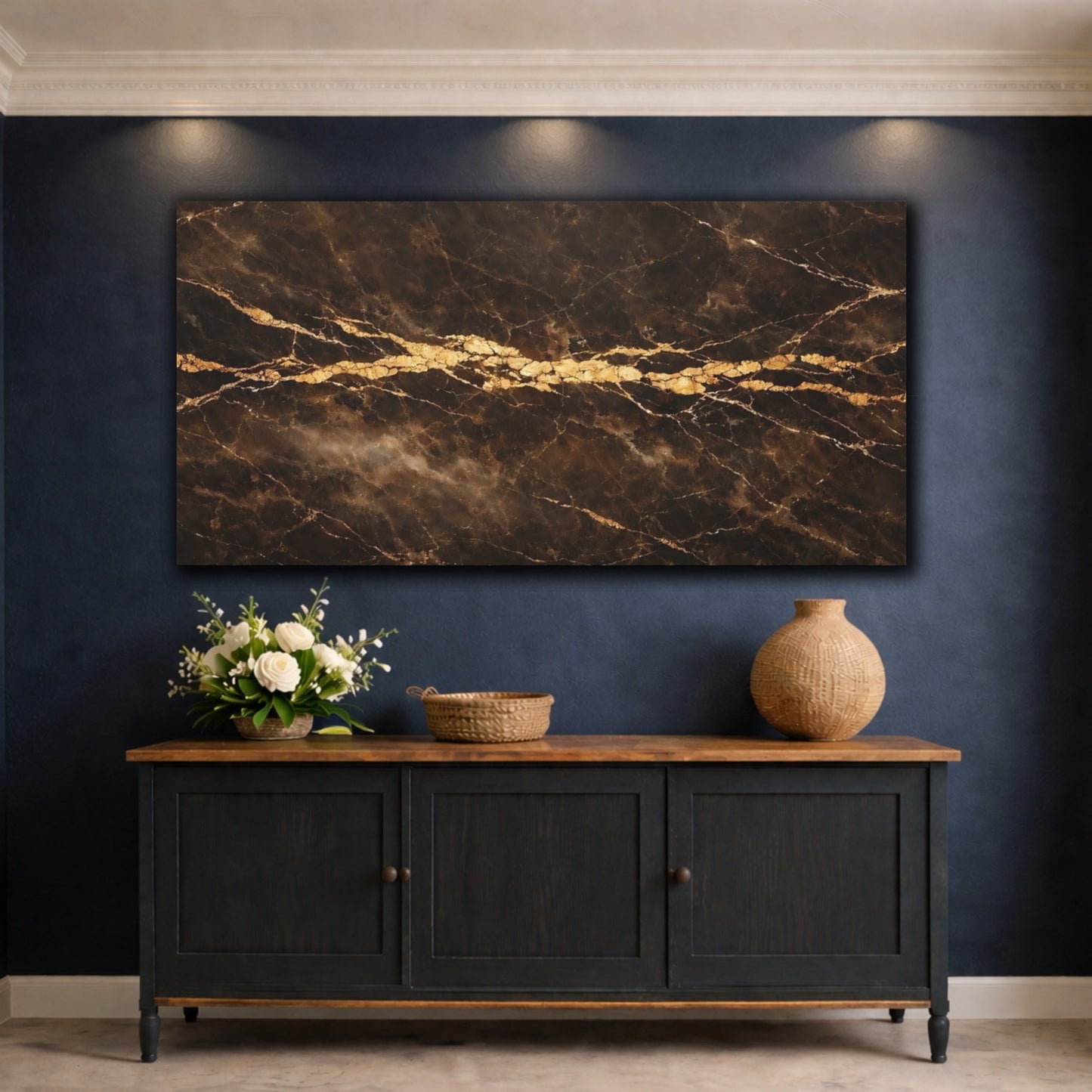 Mockup 4. Abstract Marble Texture Brown Gold Marble shown as stretched canvas wall art