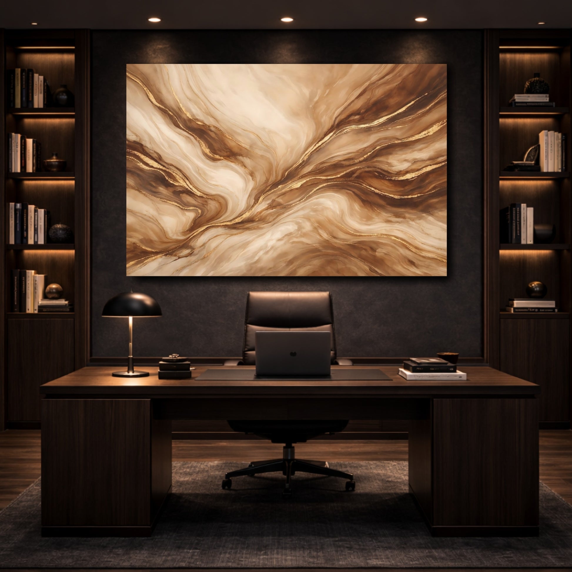 Mockup 4. Abstract Marble Texture Brown Gold Marble shown as stretched canvas wall art