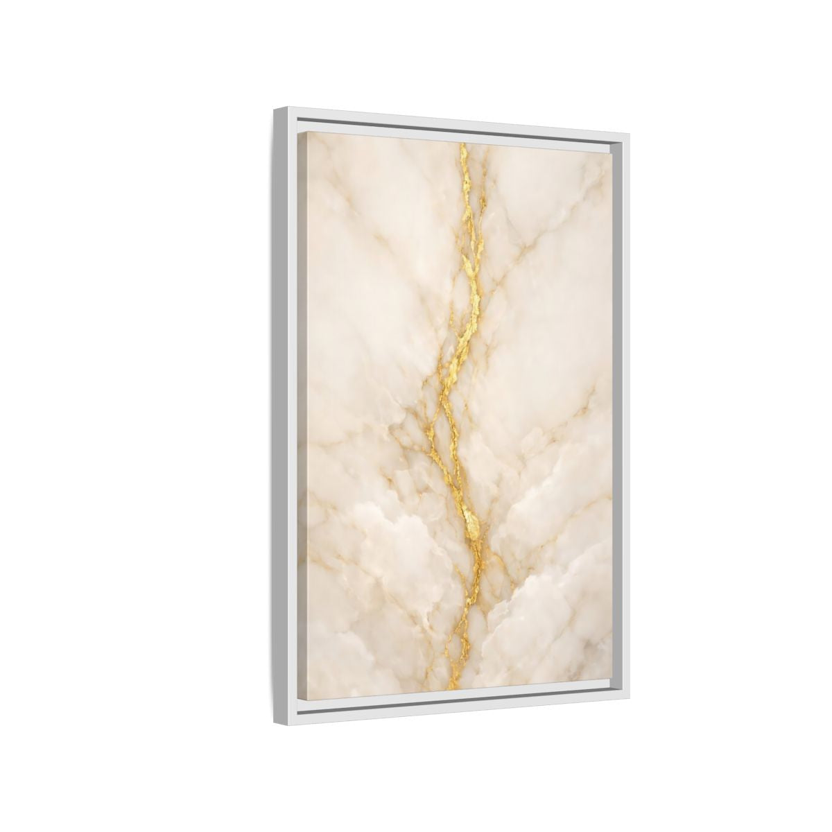 Side Mockup 1. Abstract Marble Texture Cream And Gold shown as stretched canvas wall art