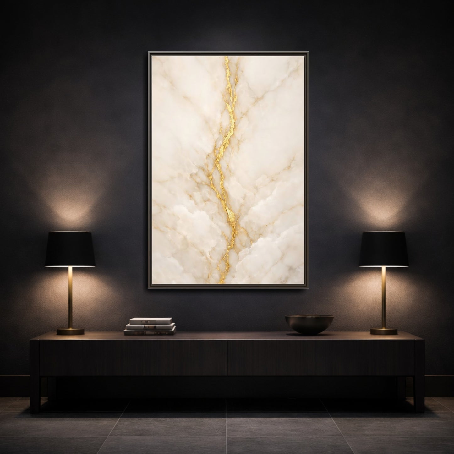 Mockup 2. Abstract Marble Texture Cream And Gold shown as stretched canvas wall art