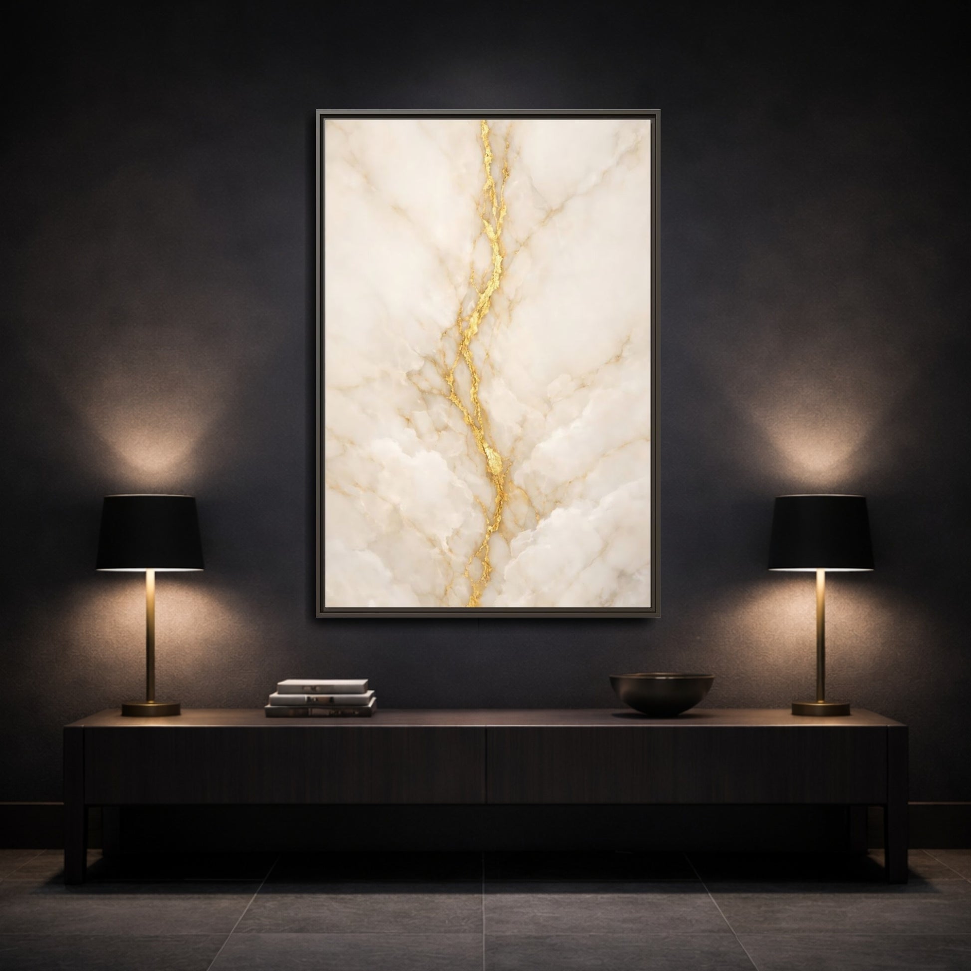 Mockup 2. Abstract Marble Texture Cream And Gold shown as stretched canvas wall art