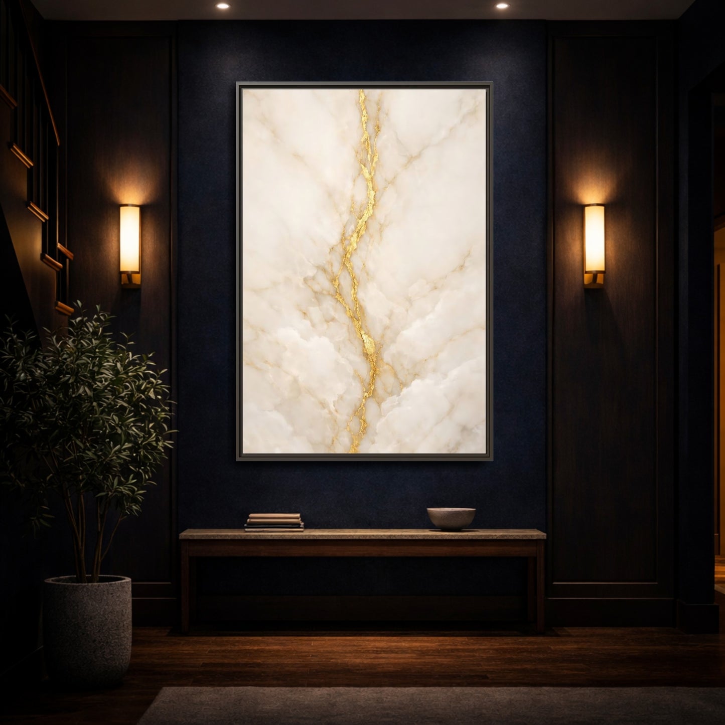 Mockup 3. Abstract Marble Texture Cream And Gold shown as stretched canvas wall art