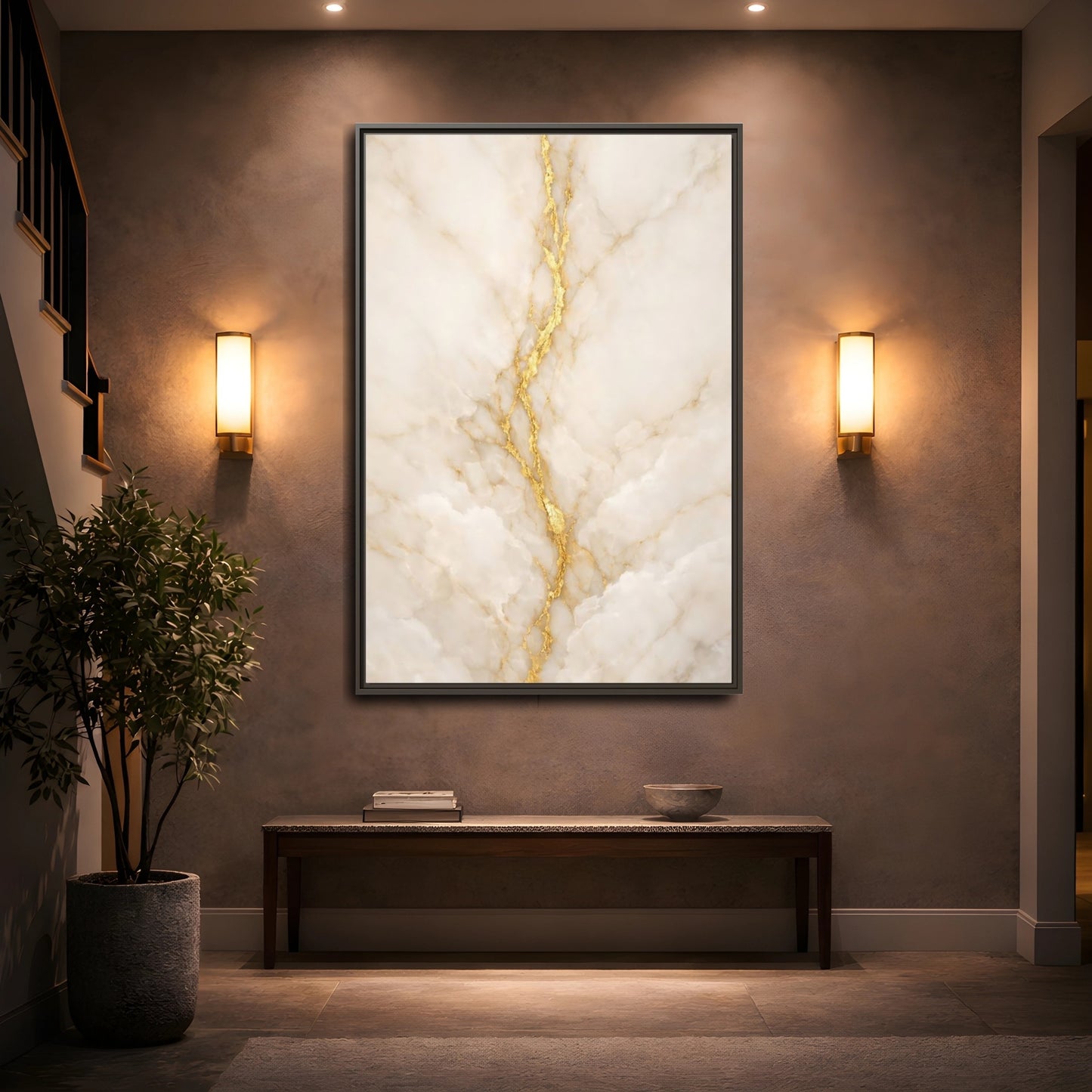 Mockup 4. Abstract Marble Texture Cream And Gold shown as stretched canvas wall art