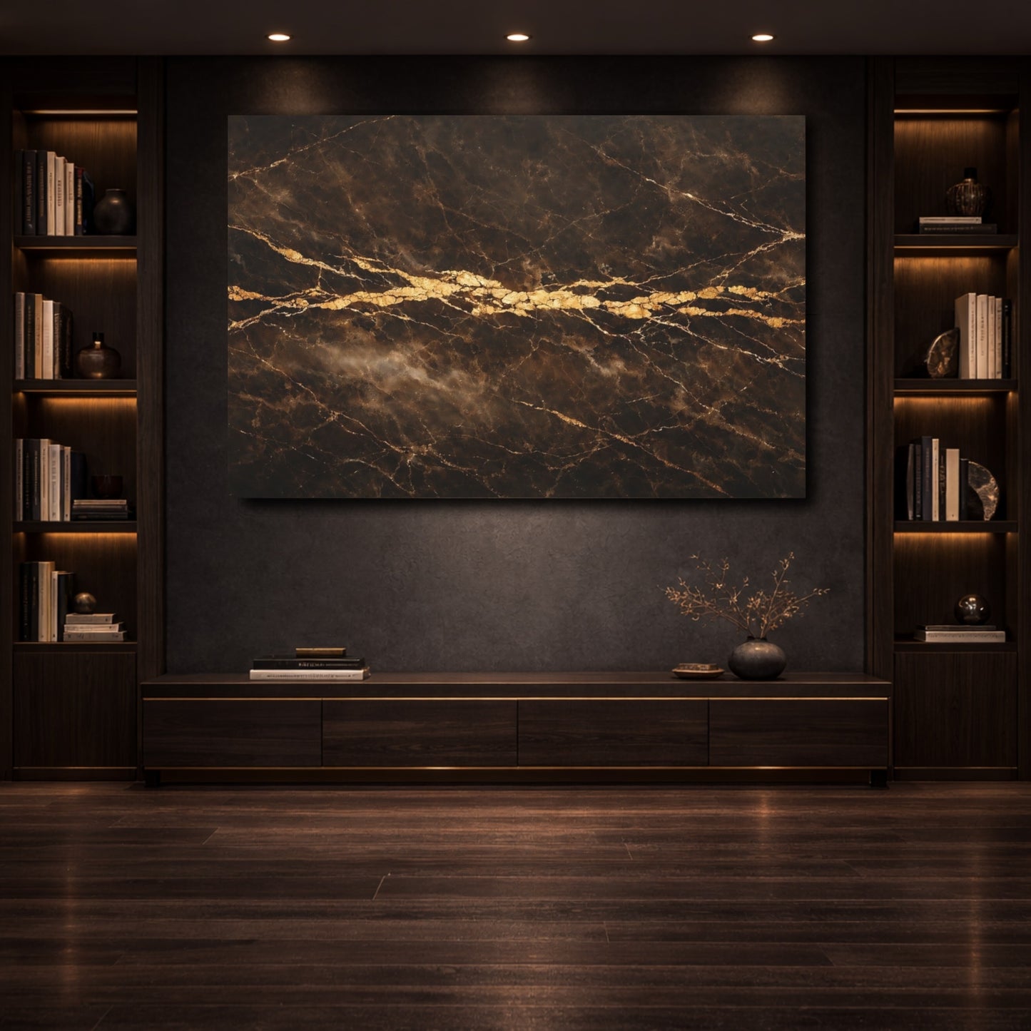 Mockup 3. Abstract Marble Texture Dark Gold Marble shown as stretched canvas wall art