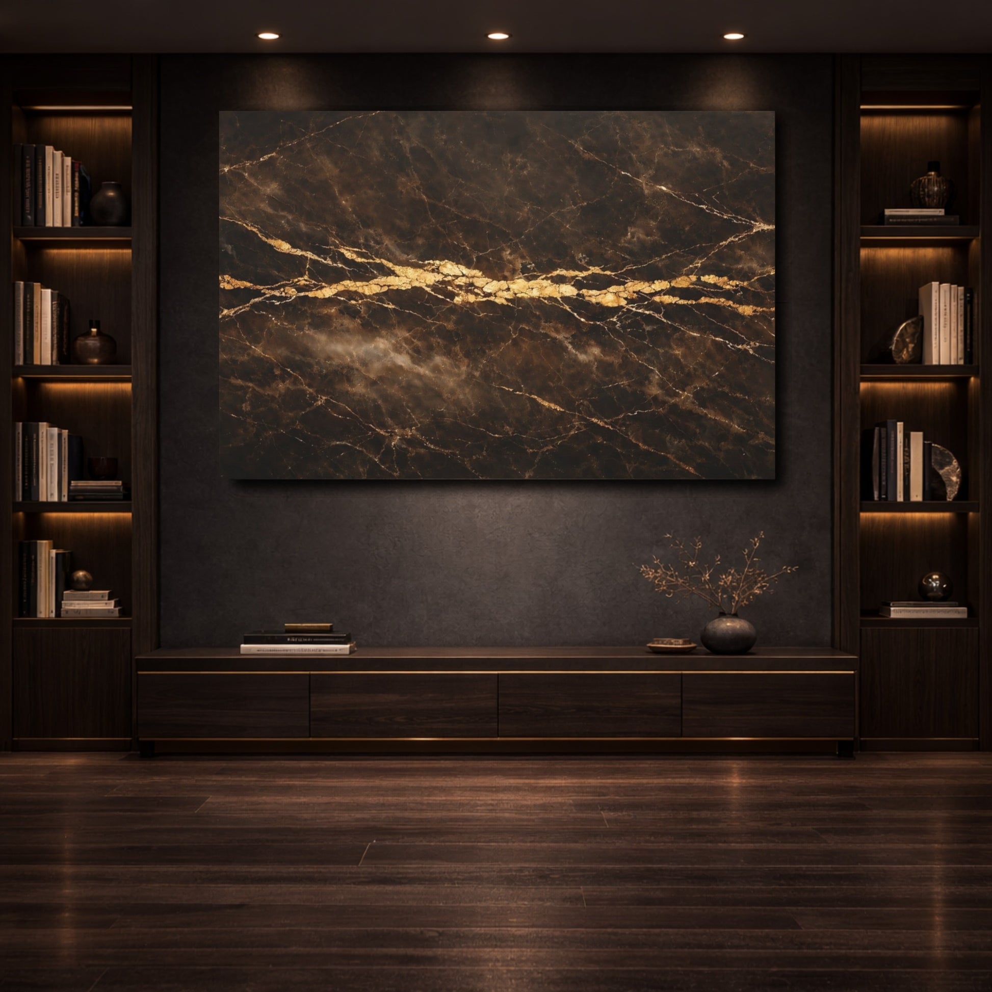 Mockup 3. Abstract Marble Texture Dark Gold Marble shown as stretched canvas wall art