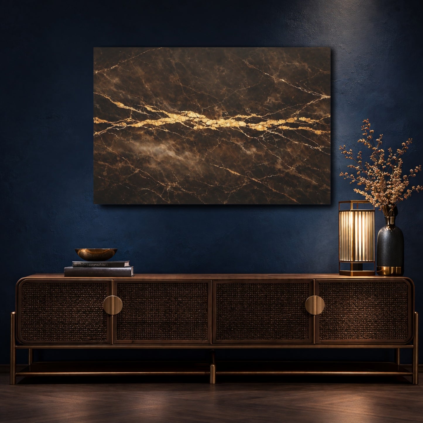 Mockup 4. Abstract Marble Texture Dark Gold Marble shown as stretched canvas wall art