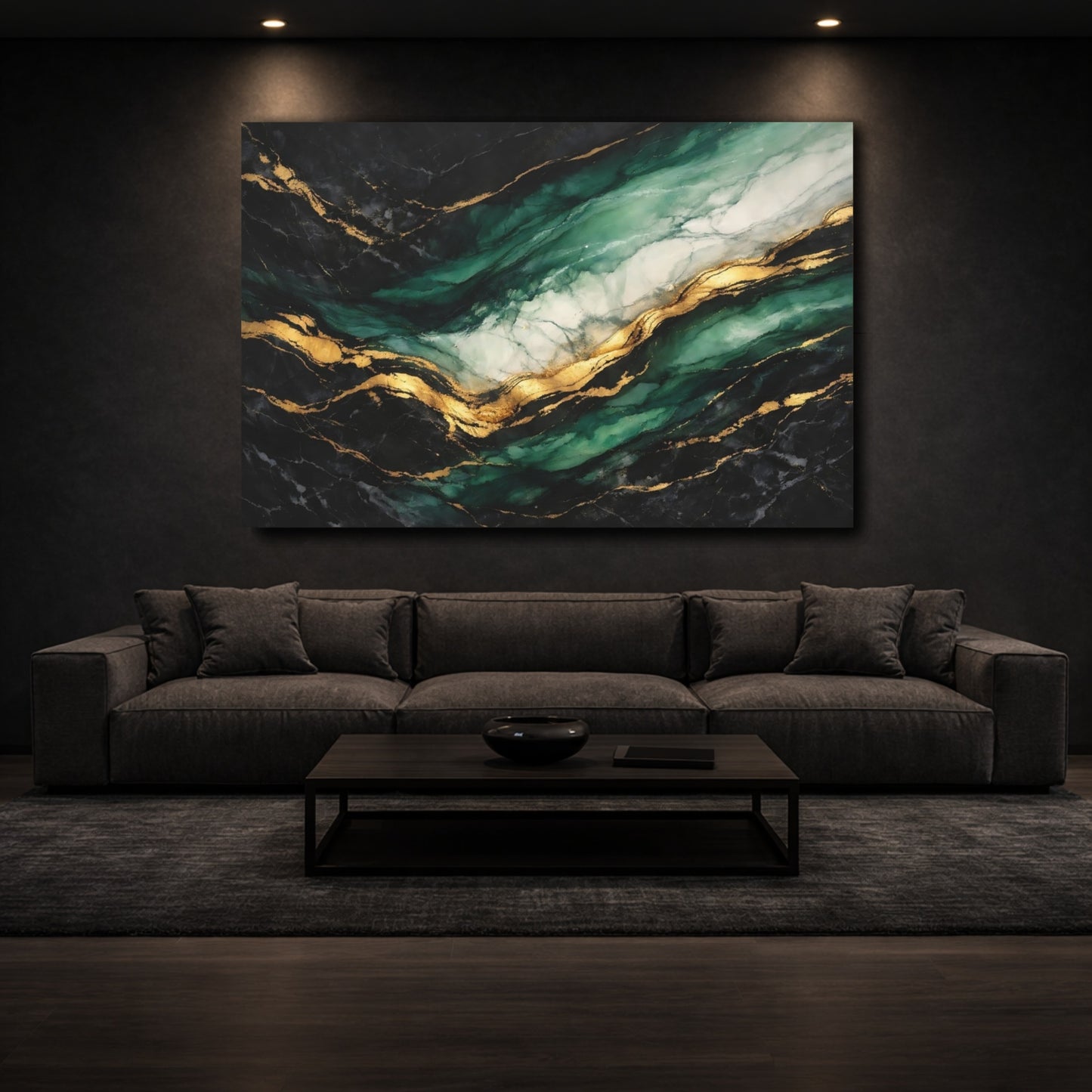 Mockup 2. Abstract Marble Texture Emerald Gold Marble shown as stretched canvas wall art