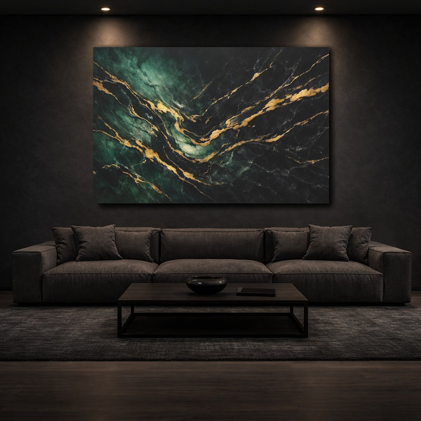 Mockup 2. Abstract Marble Texture Emerald Gold Marble shown as stretched canvas wall art