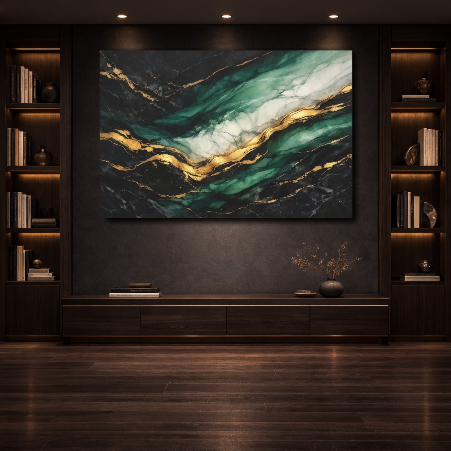 Mockup 3. Abstract Marble Texture Emerald Gold Marble shown as stretched canvas wall art