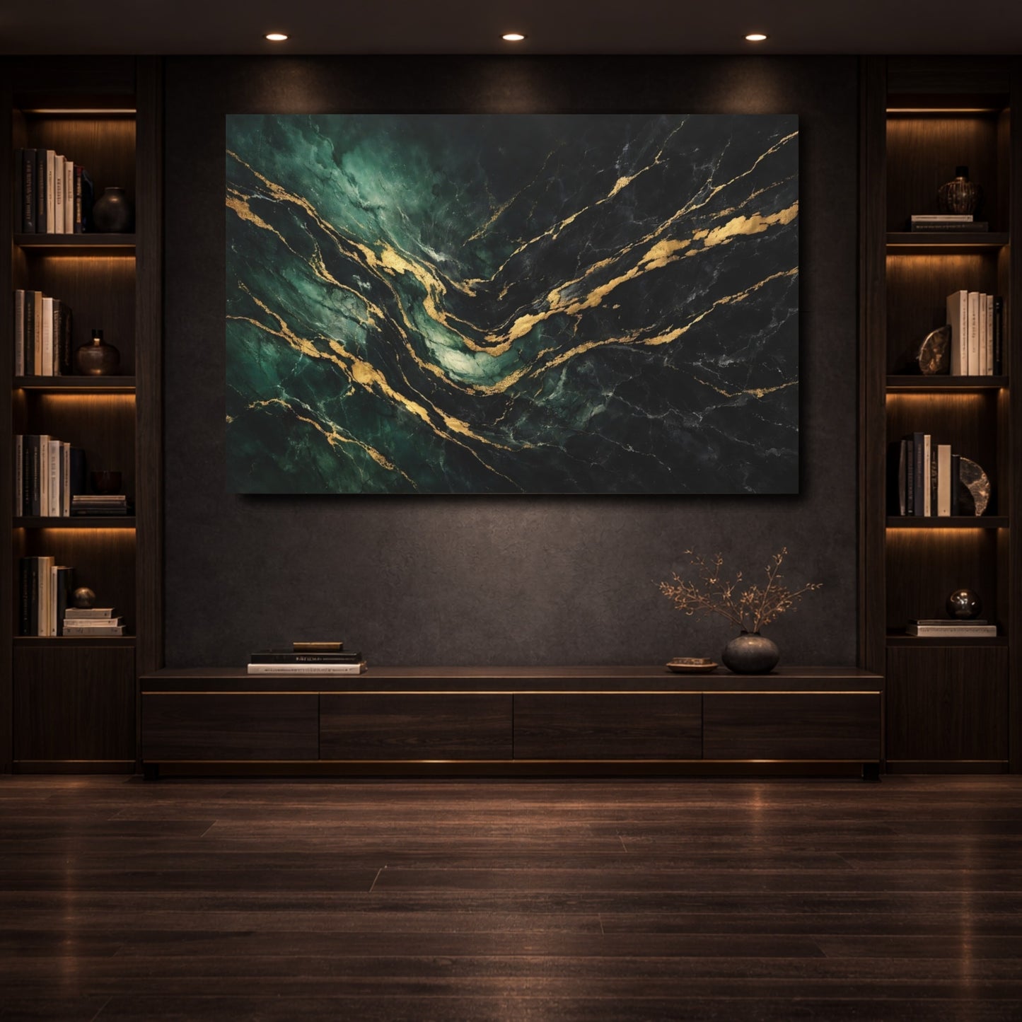 Mockup 3. Abstract Marble Texture Emerald Gold Marble shown as stretched canvas wall art
