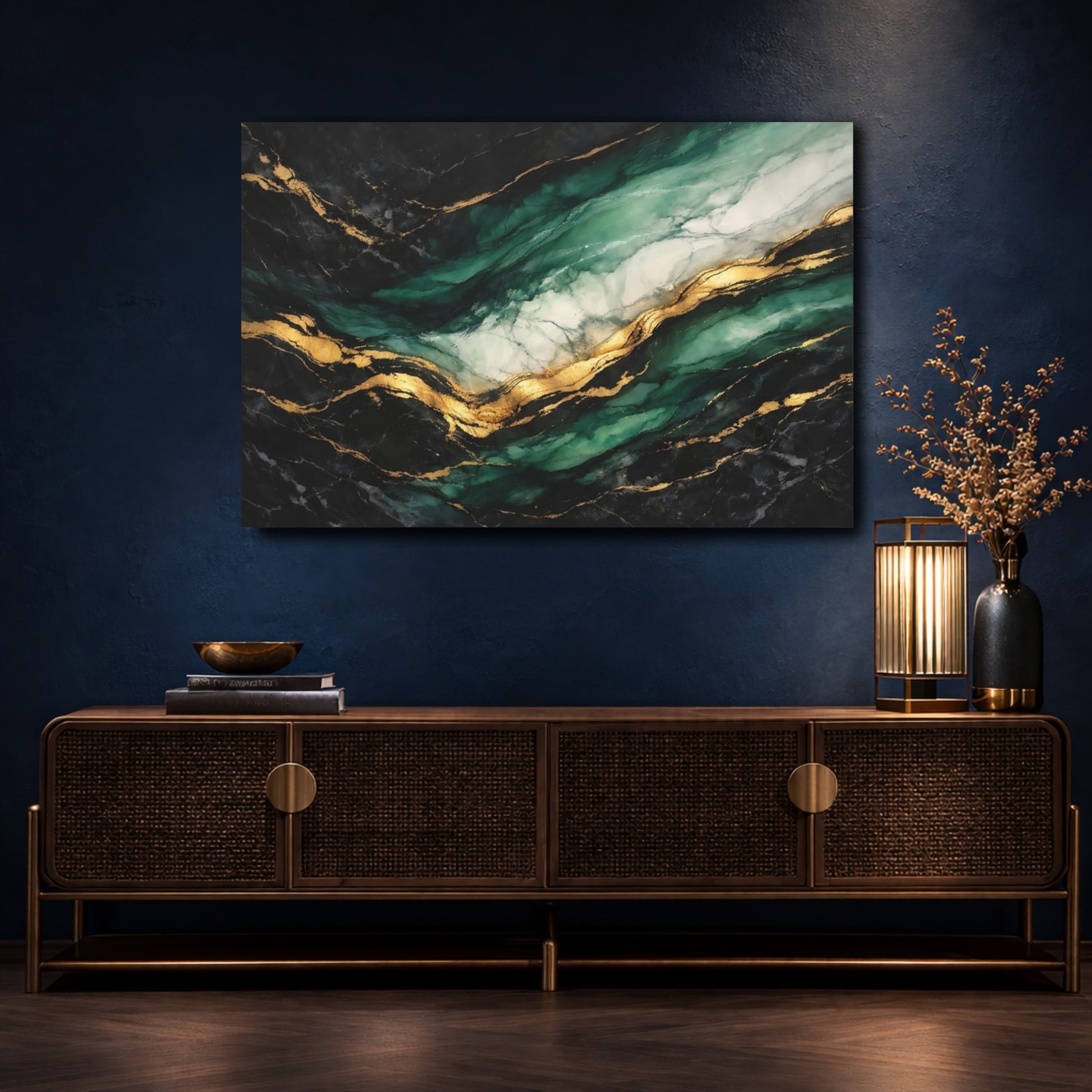 Mockup 4. Abstract Marble Texture Emerald Gold Marble shown as stretched canvas wall art