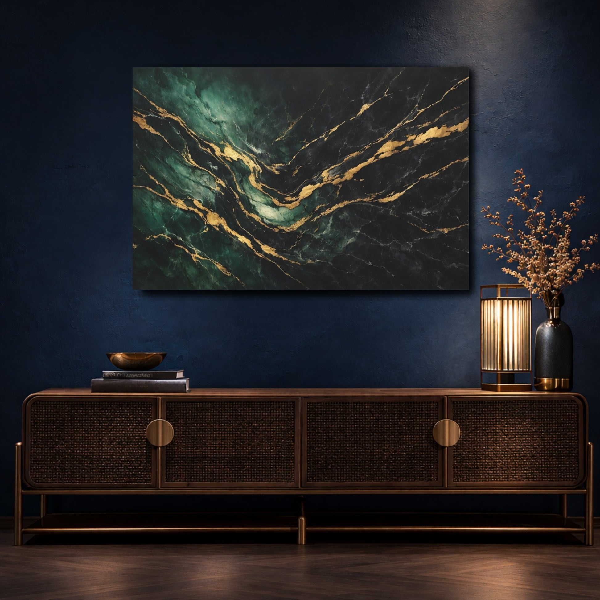 Mockup 4. Abstract Marble Texture Emerald Gold Marble shown as stretched canvas wall art