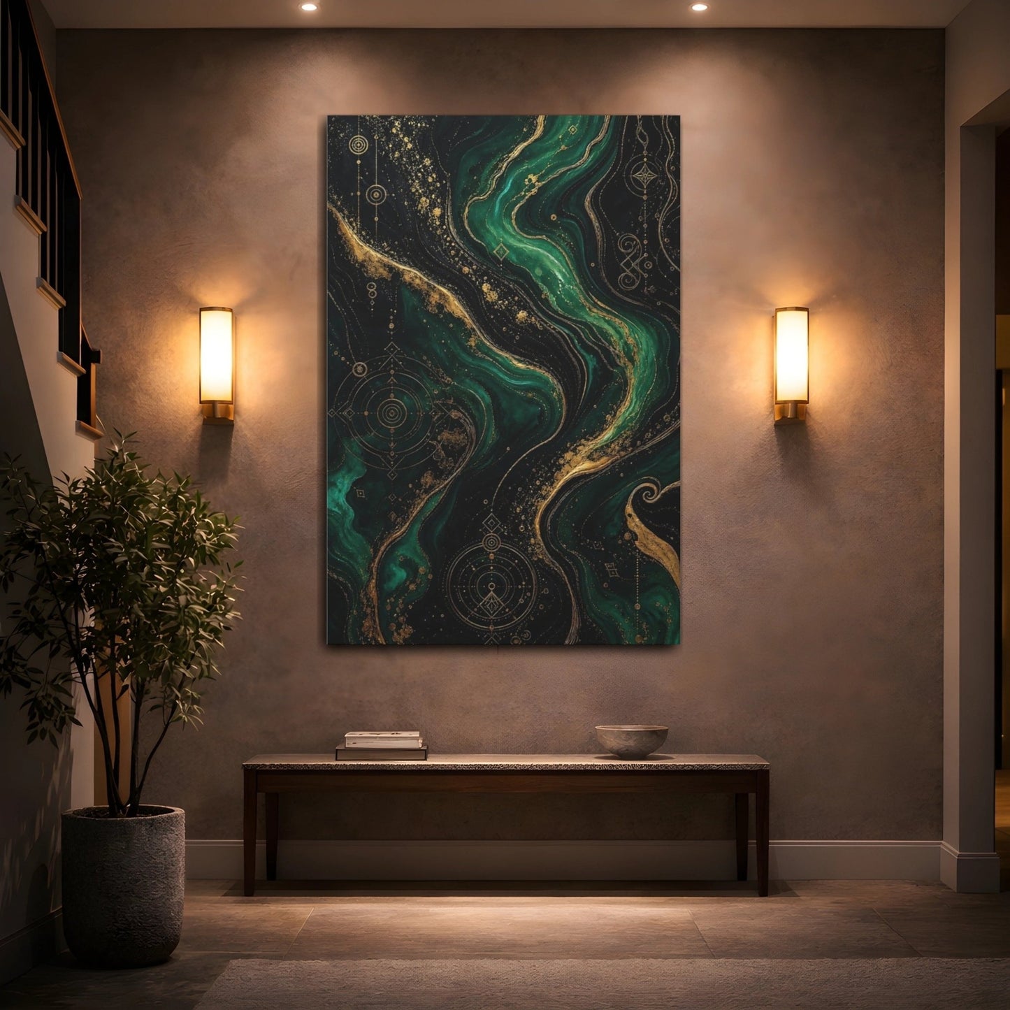 Abstract Marble Texture Emerald Green Gold Canvas Print – Living Room, Above Console Table - YesArtYes