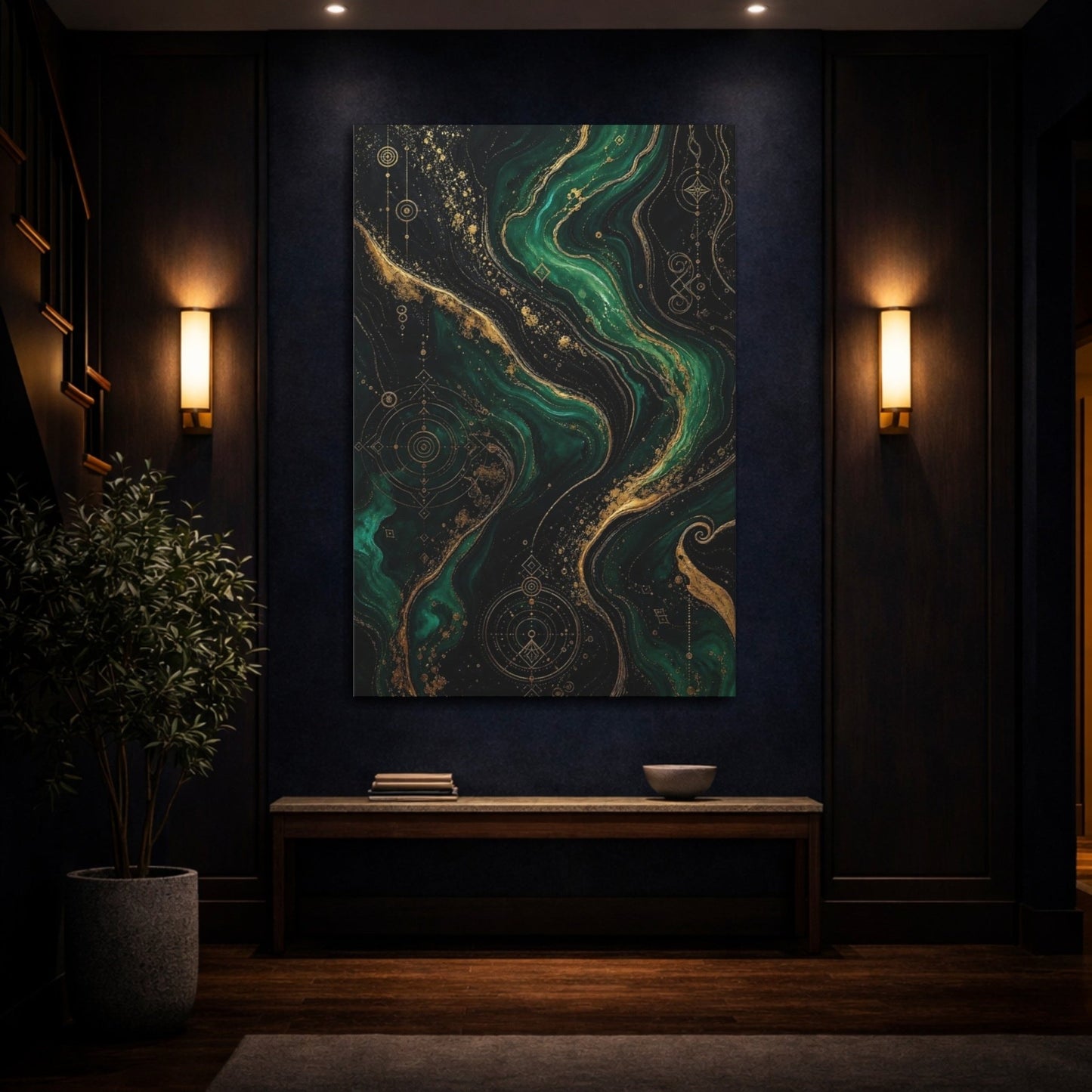 Abstract Marble Texture Emerald Green Gold Canvas Print – Living Room, Above Console Table - YesArtYes
