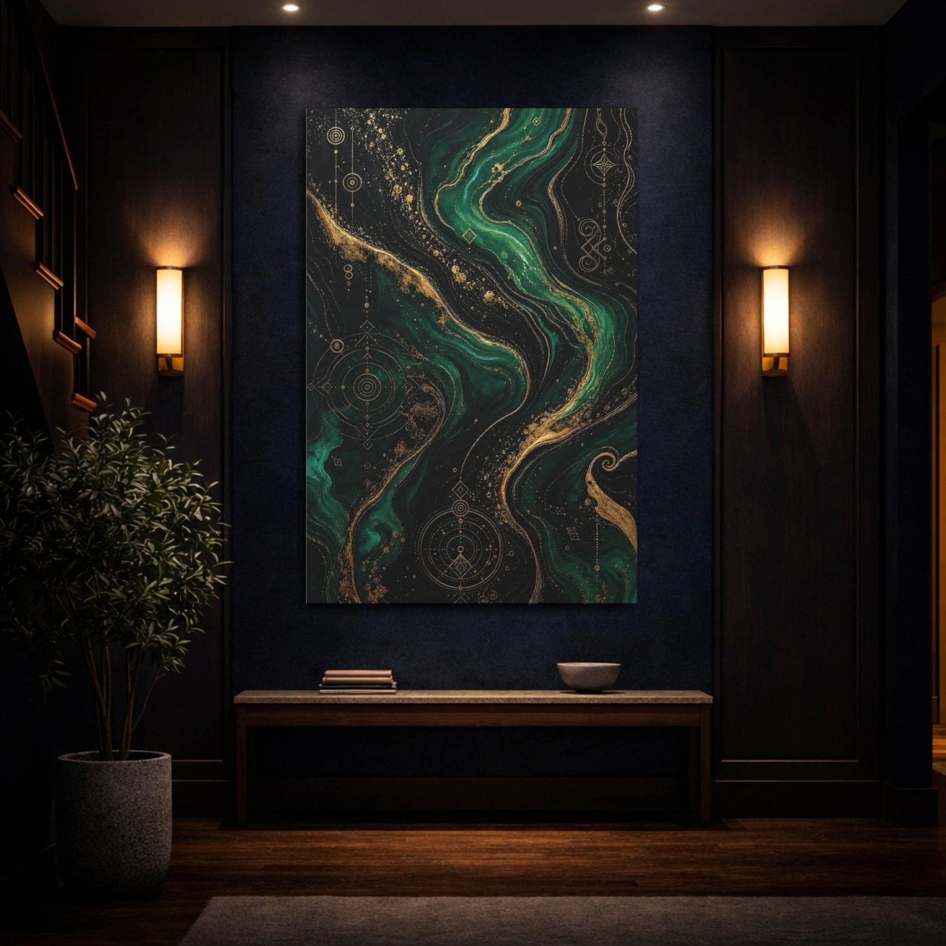 Abstract Marble Texture Emerald Green Gold Canvas Print – Living Room, Above Console Table - YesArtYes