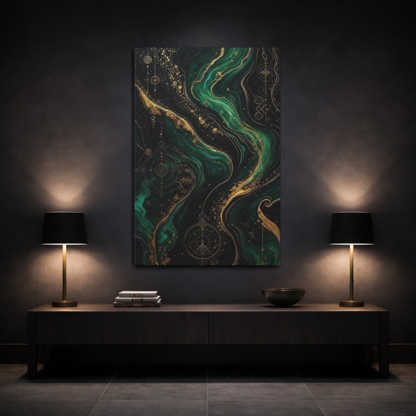 Mockup 3. Abstract Marble Texture Emerald Green Gold shown as stretched canvas wall art