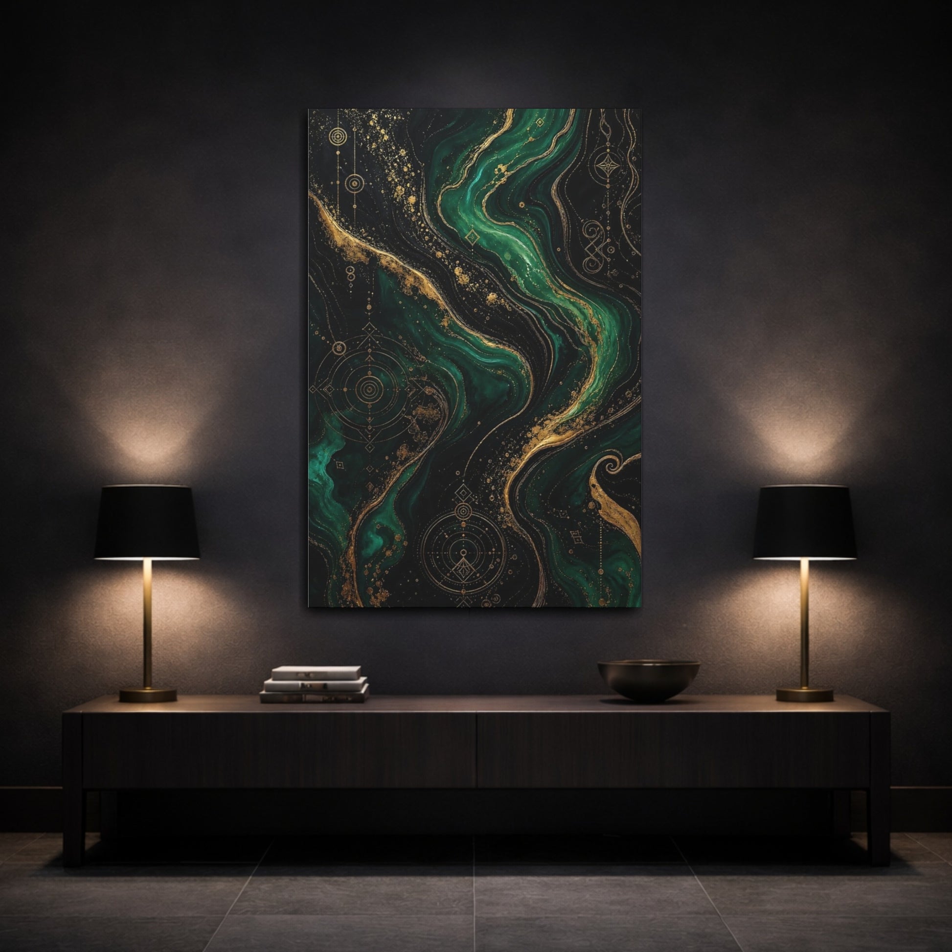 Mockup 3. Abstract Marble Texture Emerald Green Gold shown as stretched canvas wall art