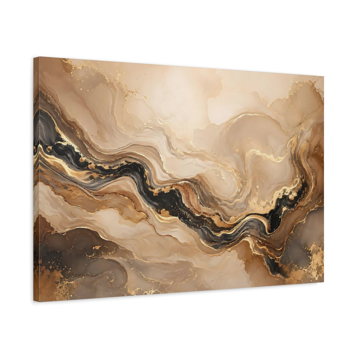 Side Mockup 2. Abstract Marble Texture Gold And Black Marble shown as stretched canvas wall art