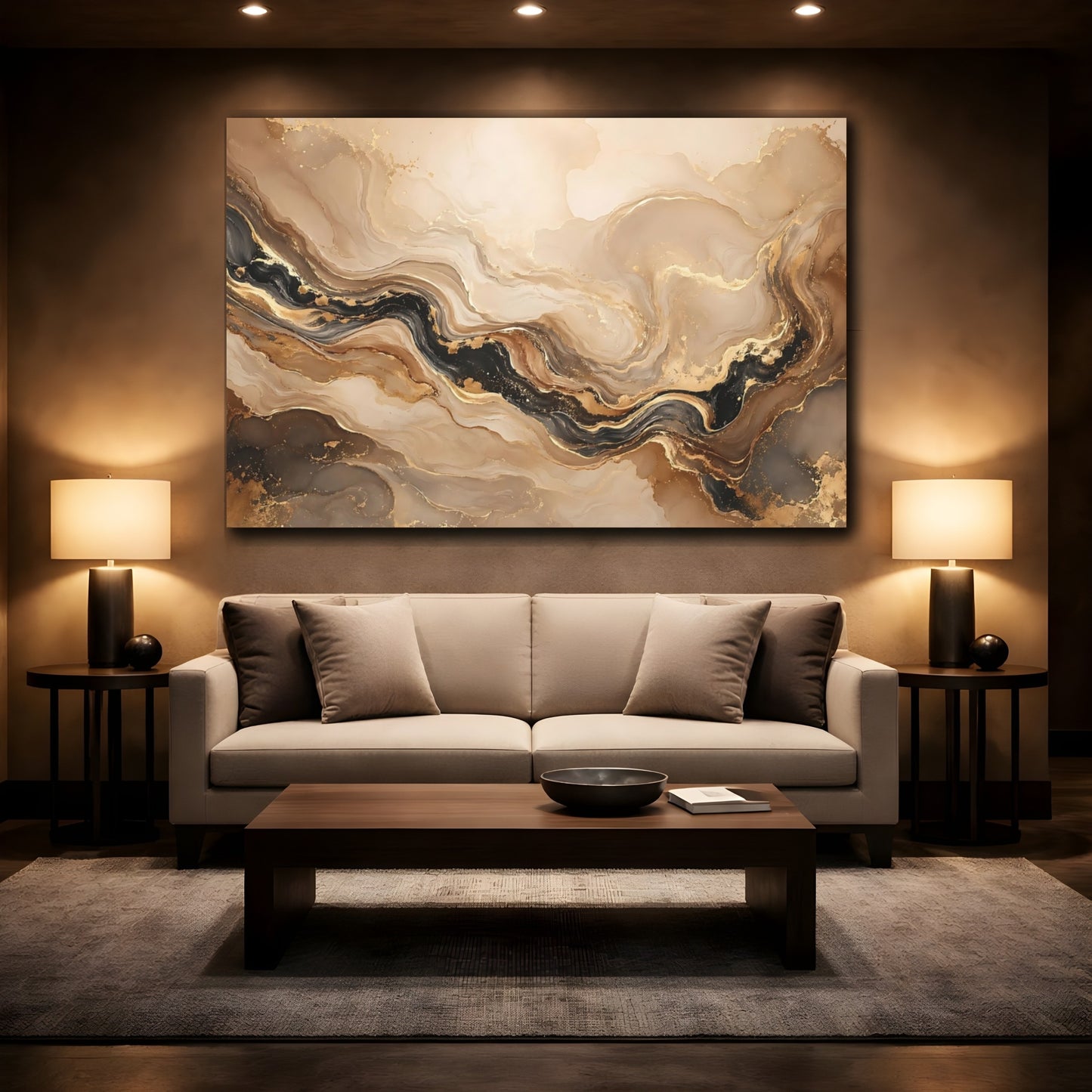 Mockup 2. Abstract Marble Texture Gold And Black Marble shown as stretched canvas wall art