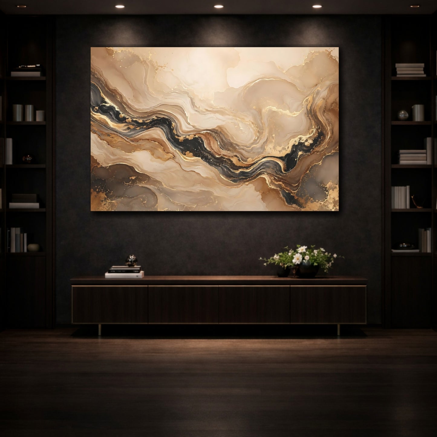 Mockup 3. Abstract Marble Texture Gold And Black Marble shown as stretched canvas wall art