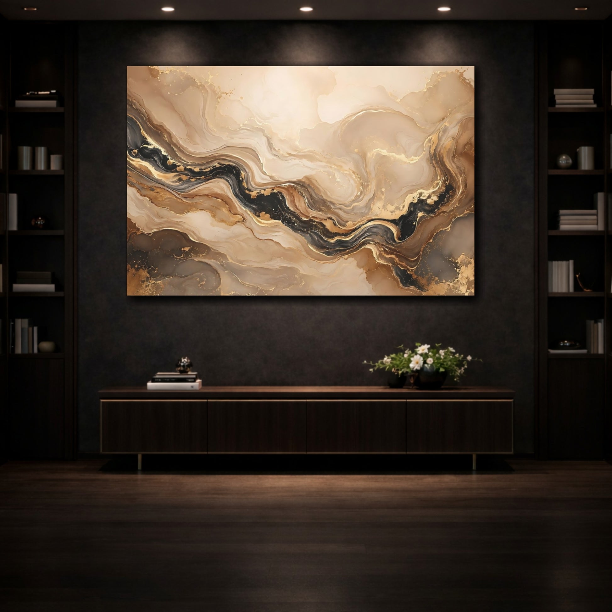 Mockup 3. Abstract Marble Texture Gold And Black Marble shown as stretched canvas wall art