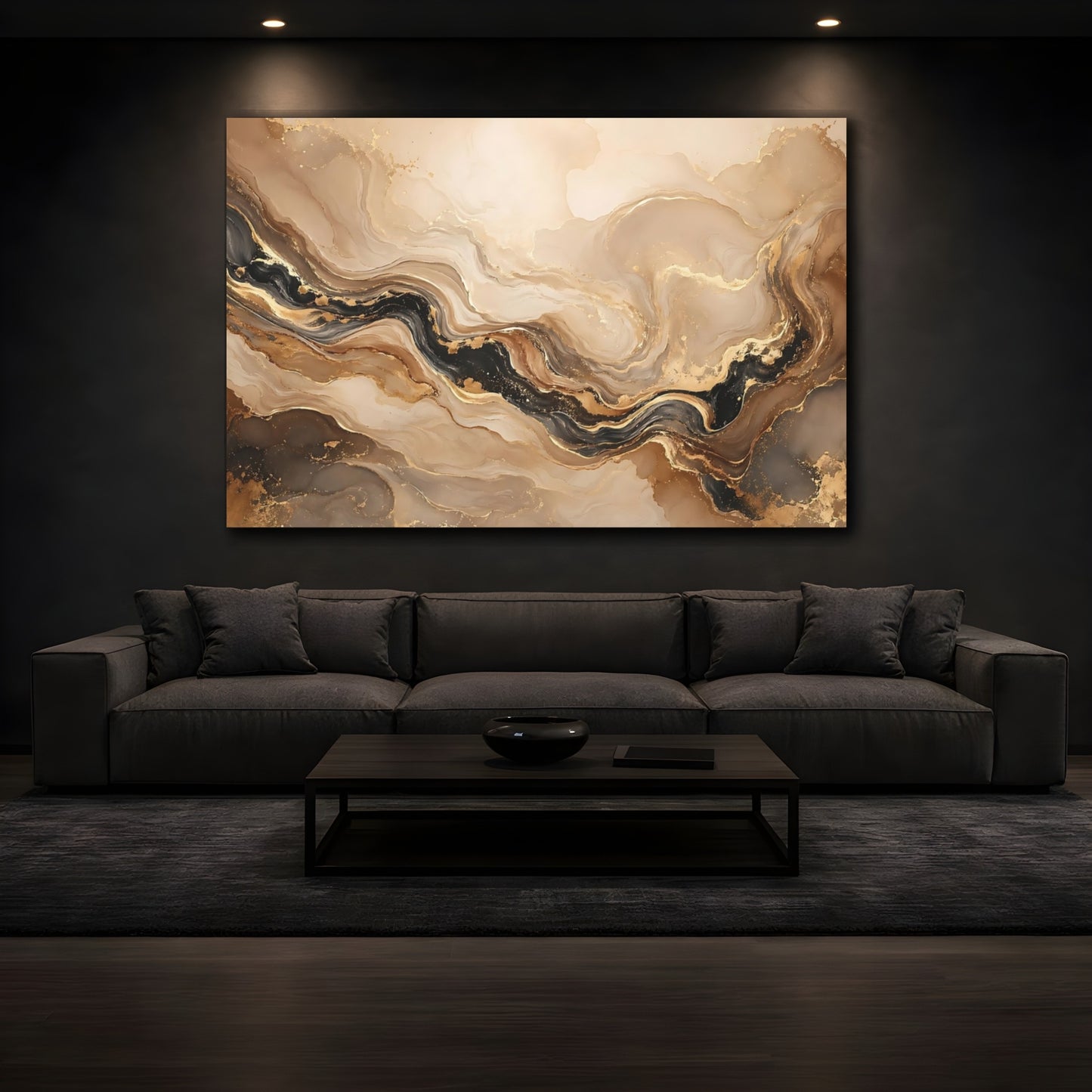 Mockup 4. Abstract Marble Texture Gold And Black Marble shown as stretched canvas wall art