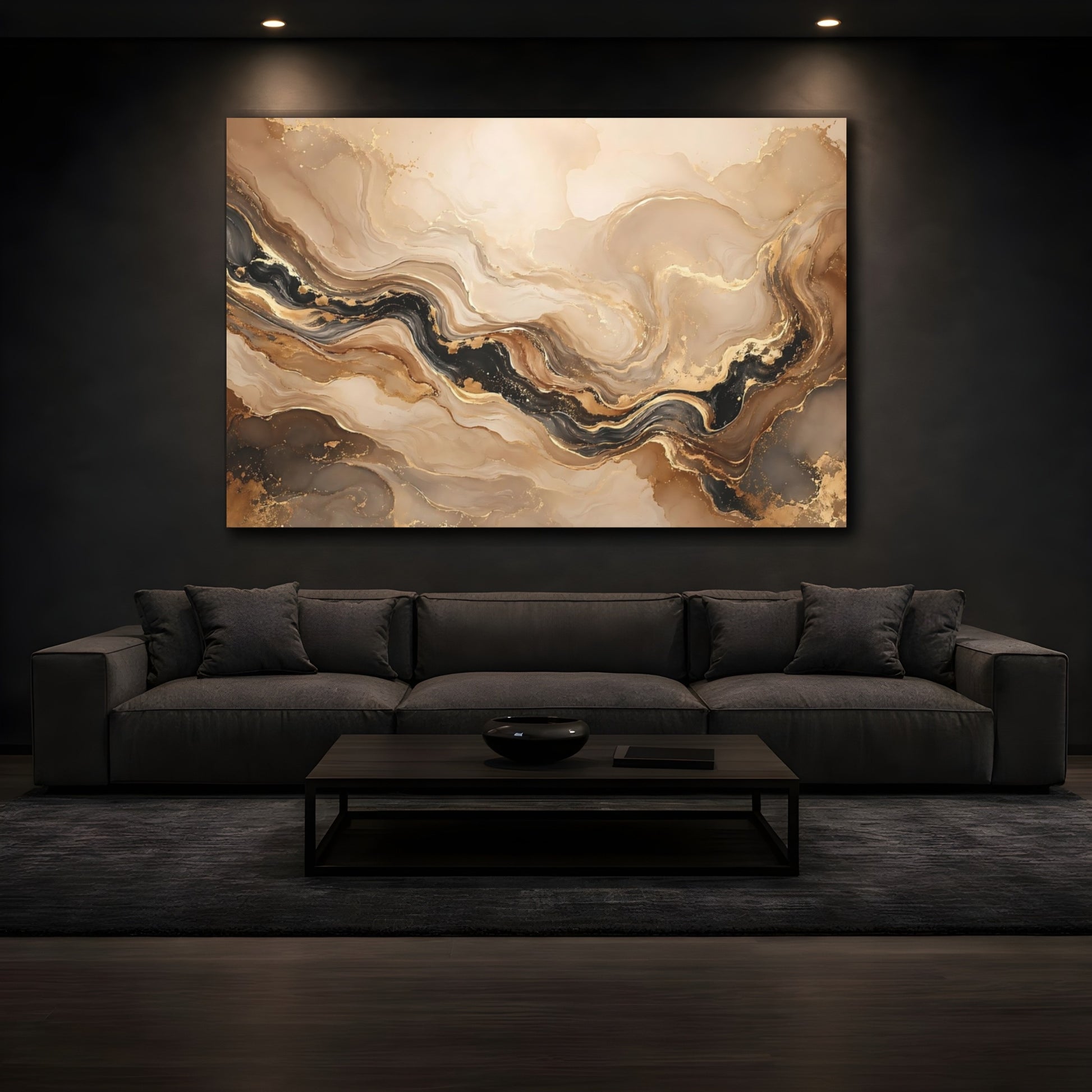 Mockup 4. Abstract Marble Texture Gold And Black Marble shown as stretched canvas wall art