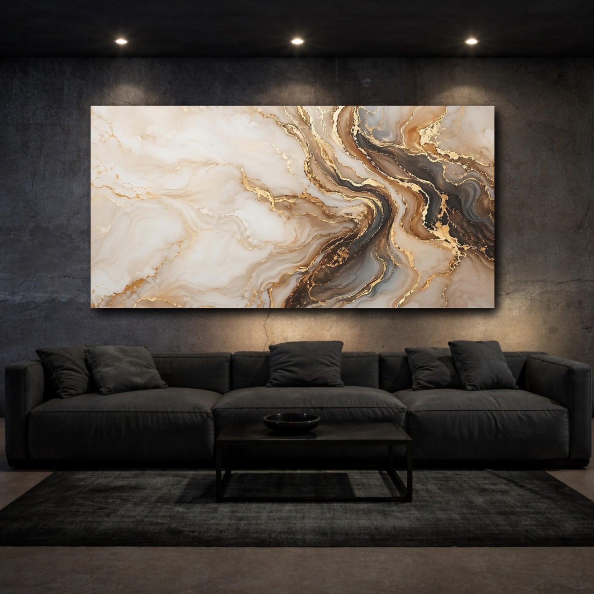 Mockup 2. Abstract Marble Texture Gold And Brown Abstract shown as stretched canvas wall art