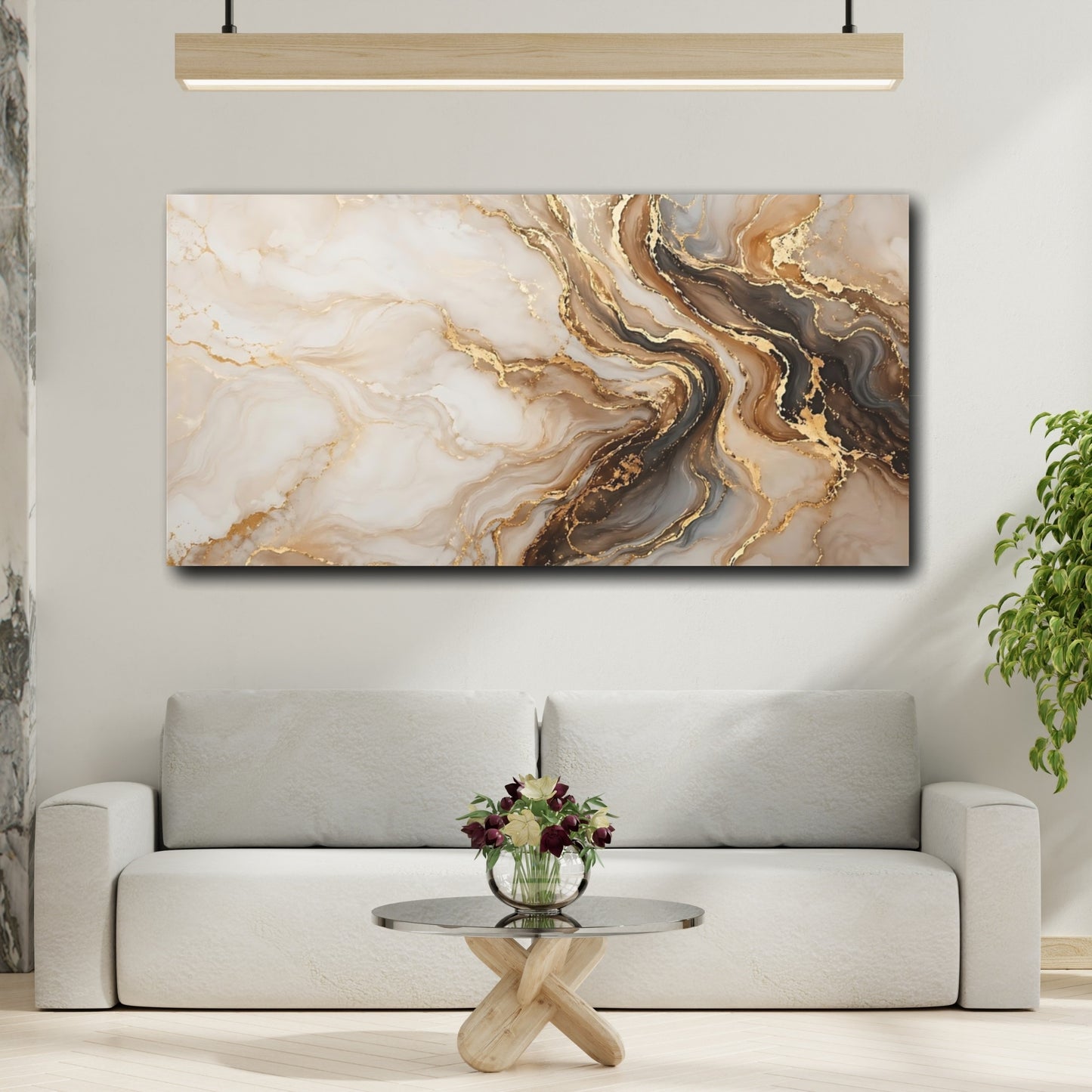Mockup 3. Abstract Marble Texture Gold And Brown Abstract shown as stretched canvas wall art