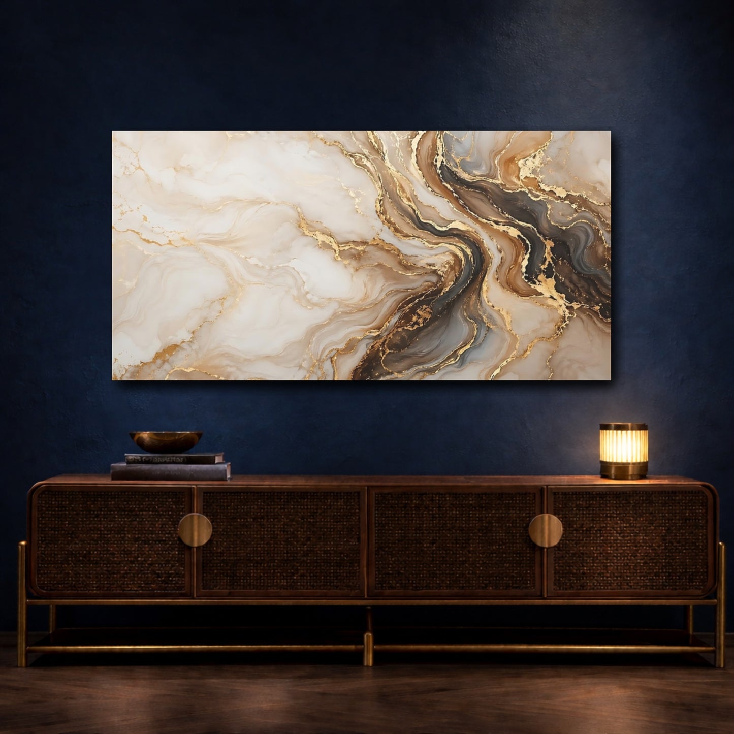 Mockup 4. Abstract Marble Texture Gold And Brown Abstract shown as stretched canvas wall art