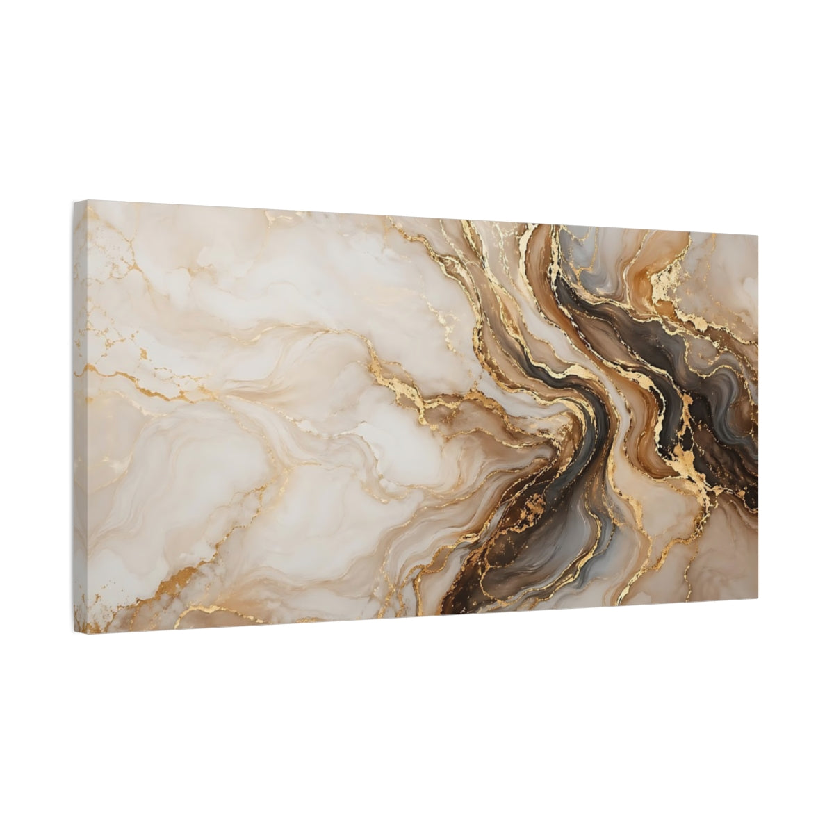 Side Mockup 1. Abstract Marble Texture Gold And Brown Abstract shown as stretched canvas wall art