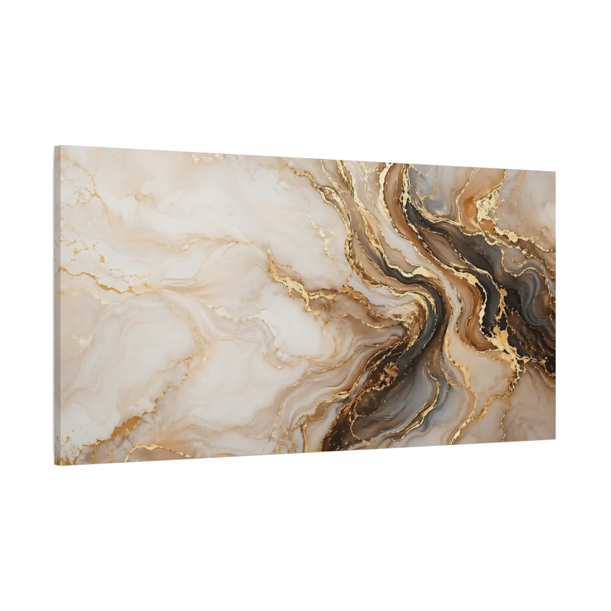 Side Mockup 2. Abstract Marble Texture Gold And Brown Abstract shown as stretched canvas wall art
